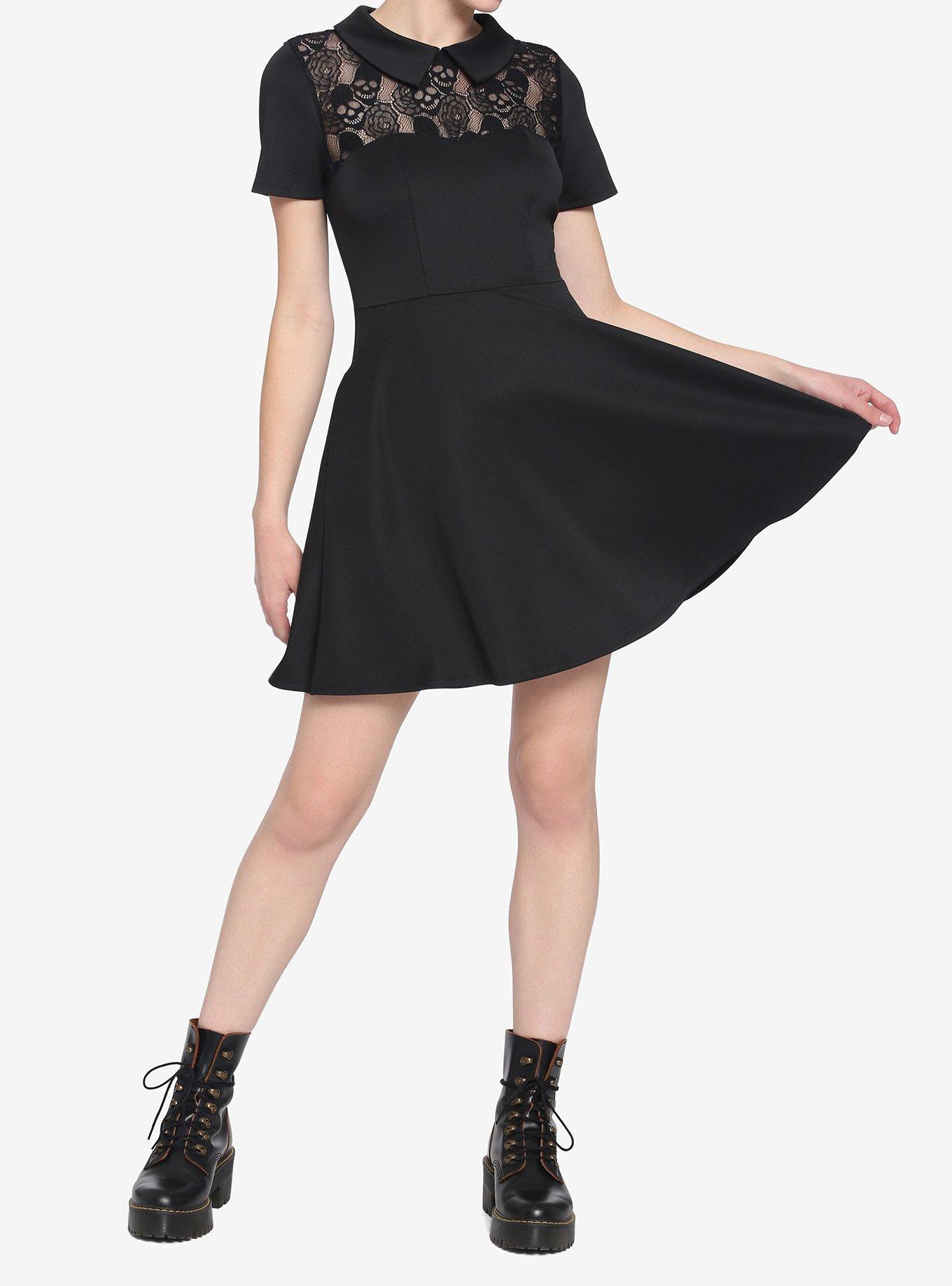 Black Collar Lace Illusion Skull Panel Dress, , hi-res