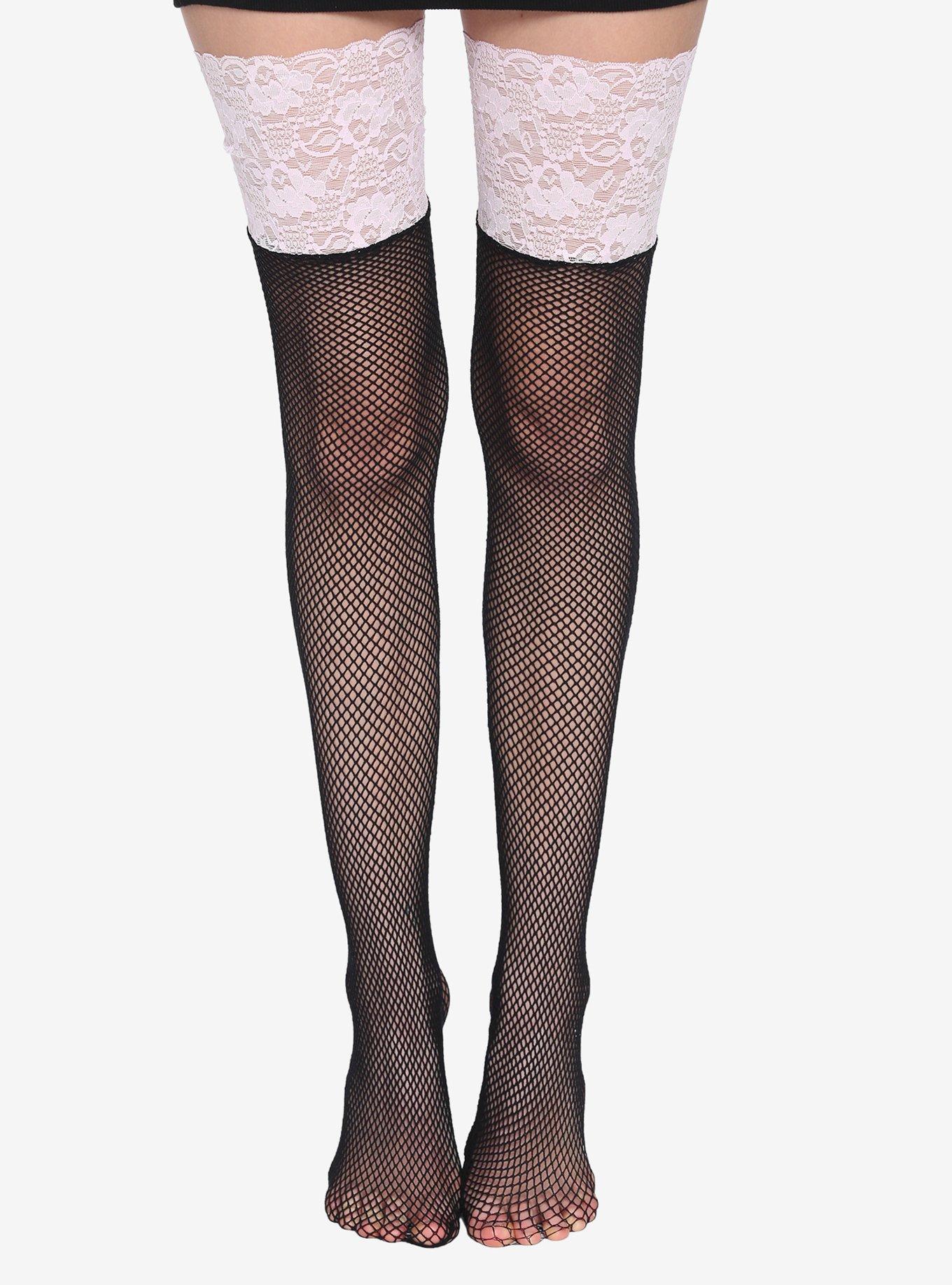 Black & Pink Lace Fishnet Thigh Highs, , alternate