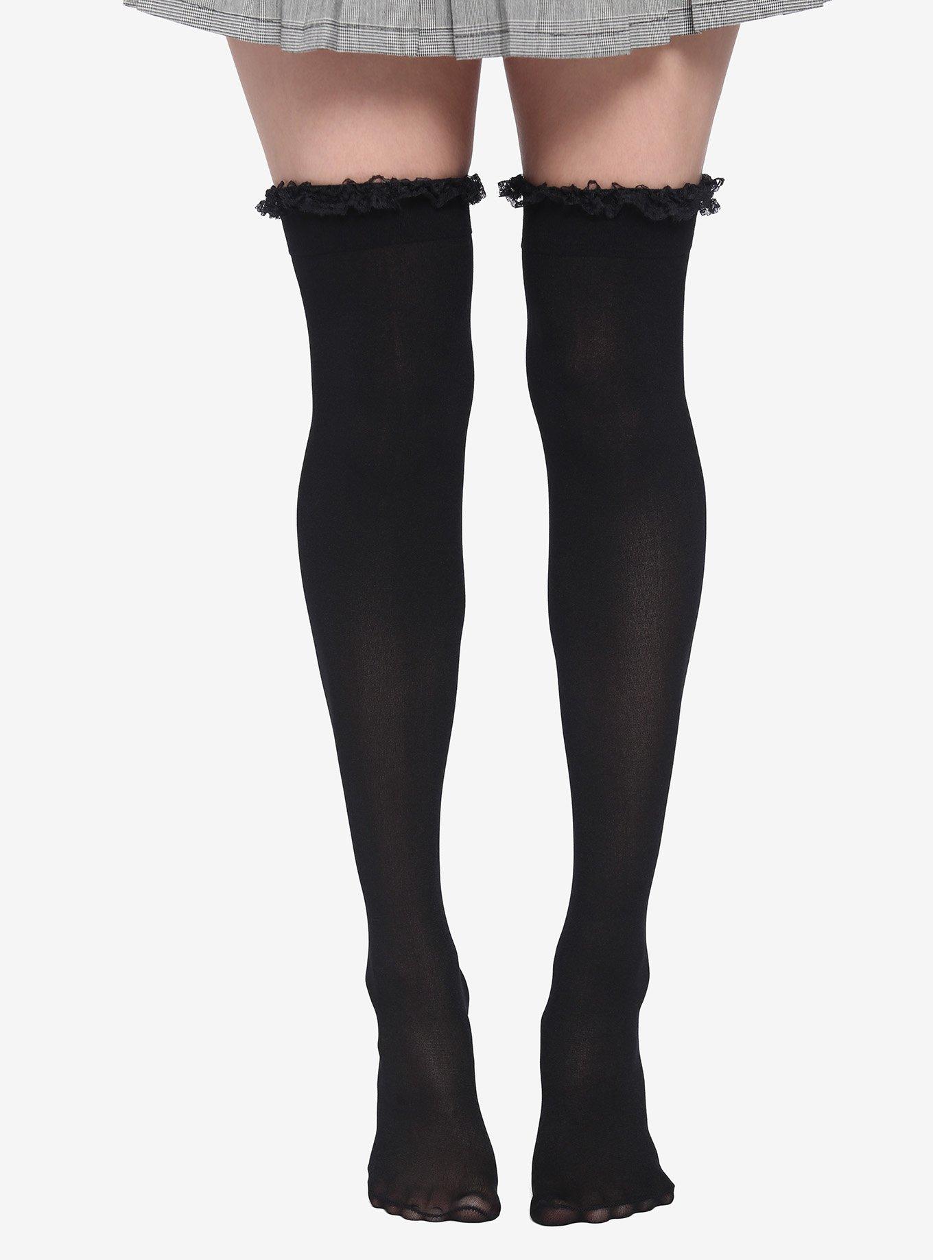 Black Ruffle Lace-Up Thigh Highs, , alternate - view 2