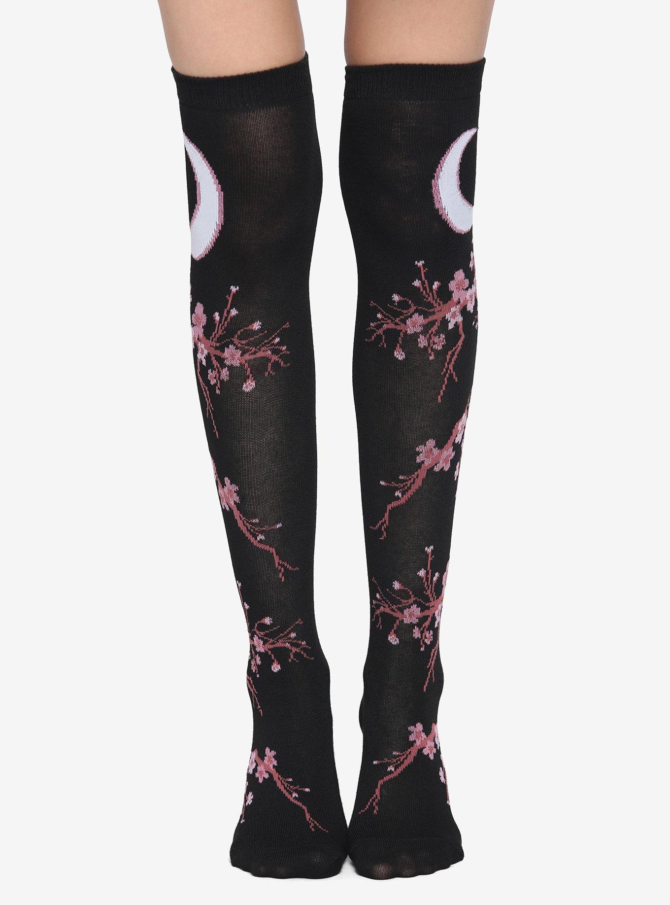 Moon Cherry Blossom Black Knee-High Socks, , alternate