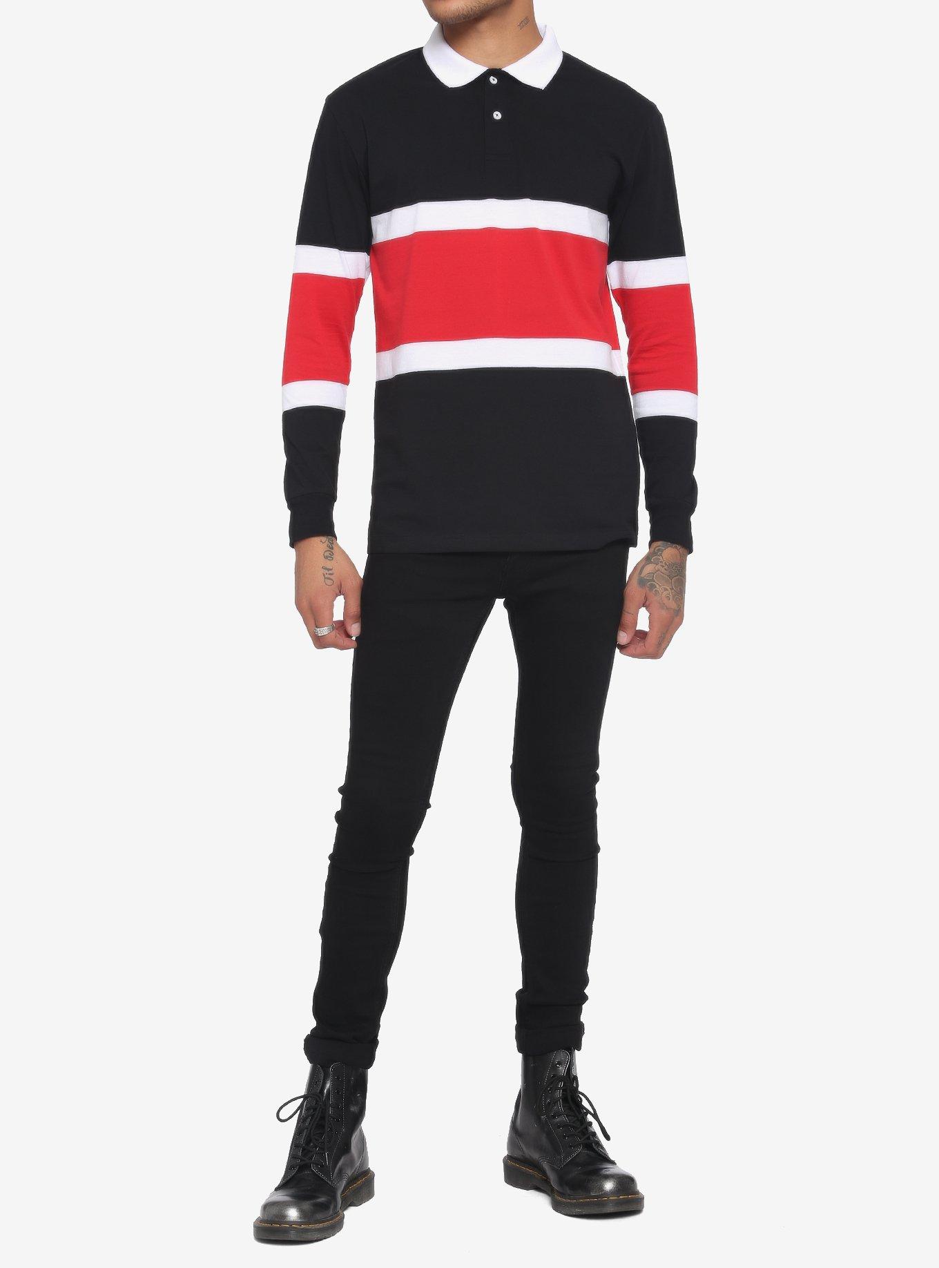 Red White & Black Stripe Long-Sleeve Polo Shirt, BLACK  RED, alternate