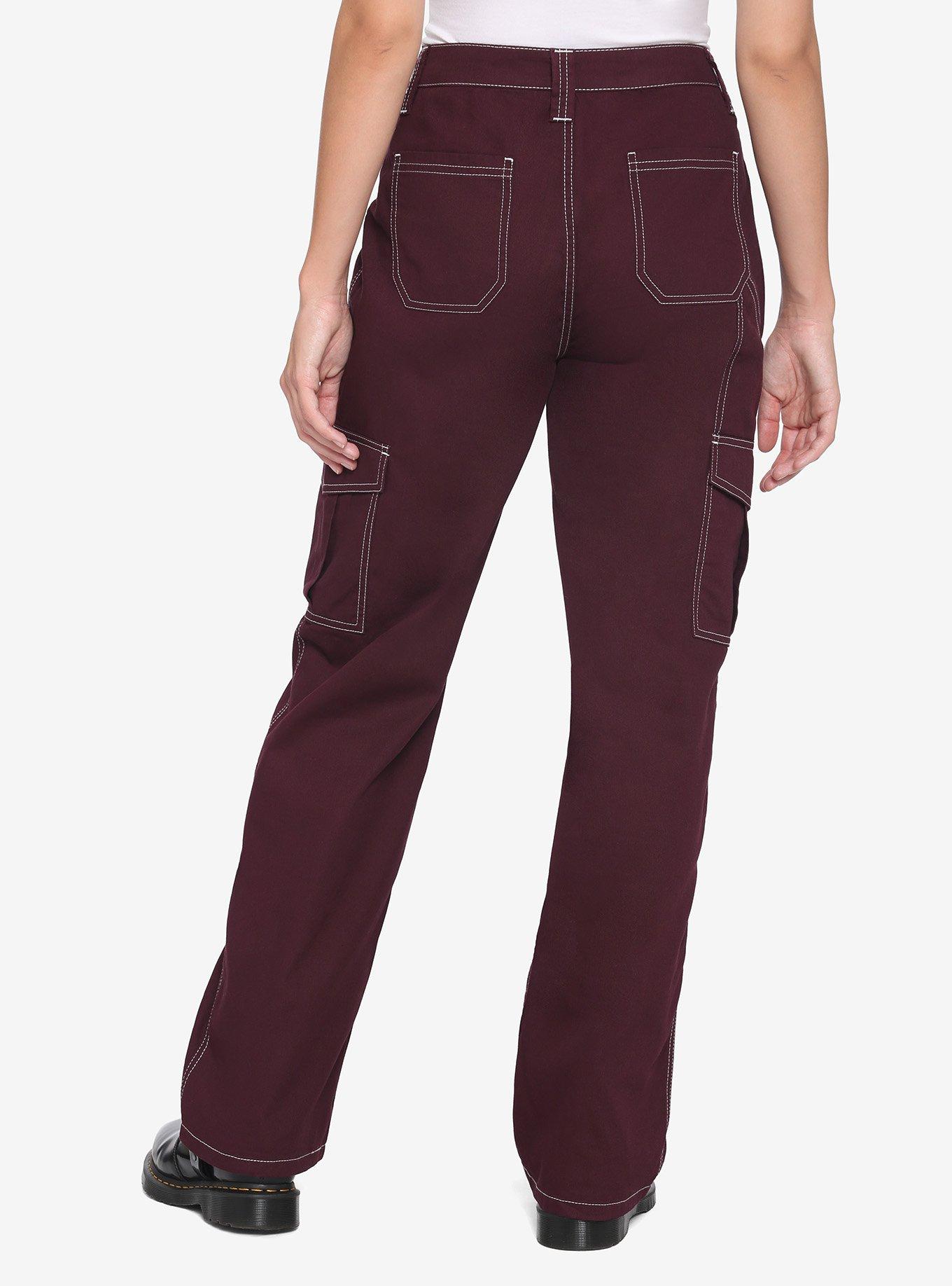 Burgundy & White Stitch Hi-Rise Carpenter Pants, , alternate