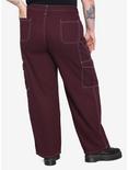 Burgundy & White Stitch Hi-Rise Carpenter Pants Plus Size, MERLOT, alternate