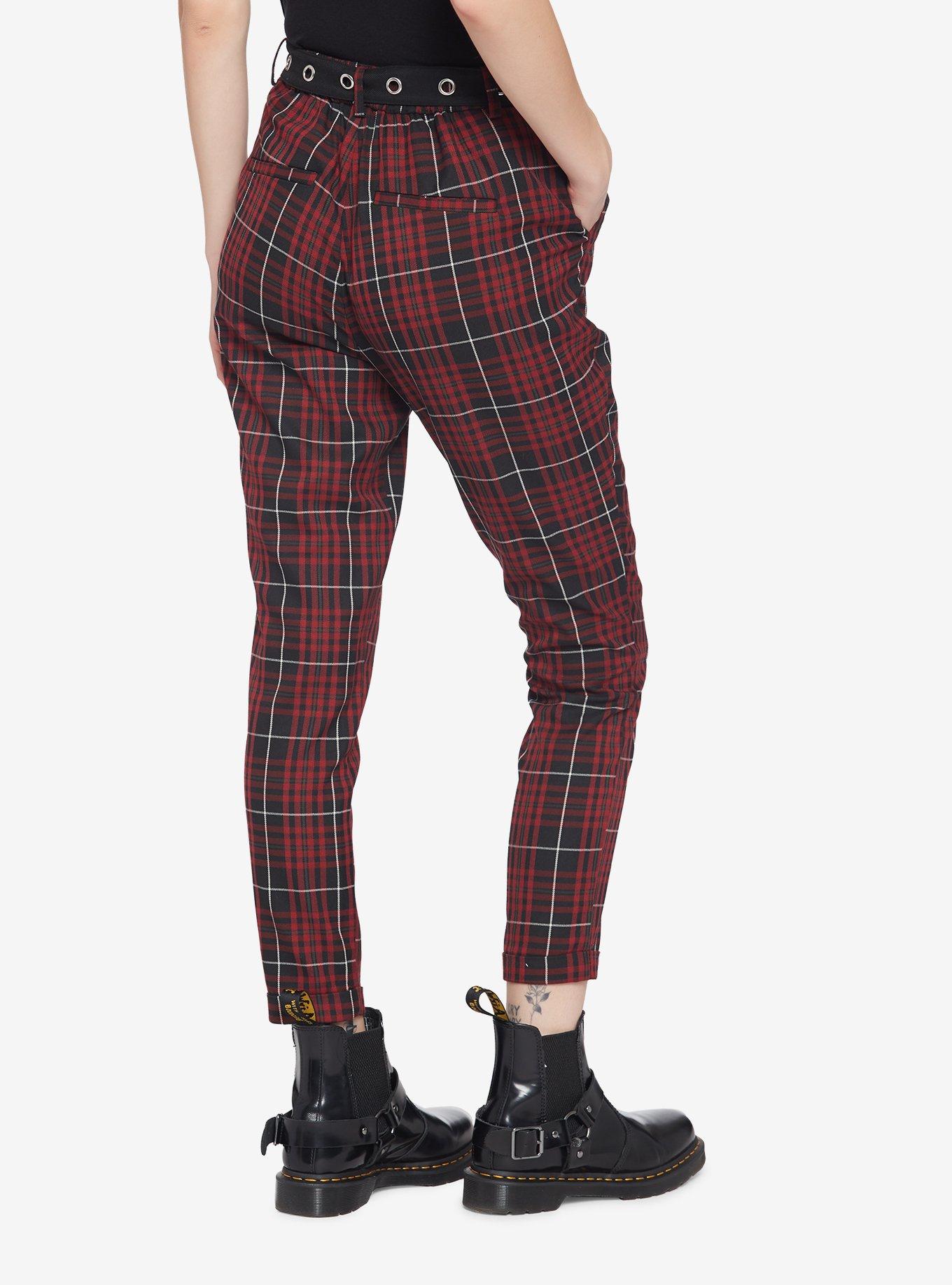 Merlot Plaid Grommet Belt Pants