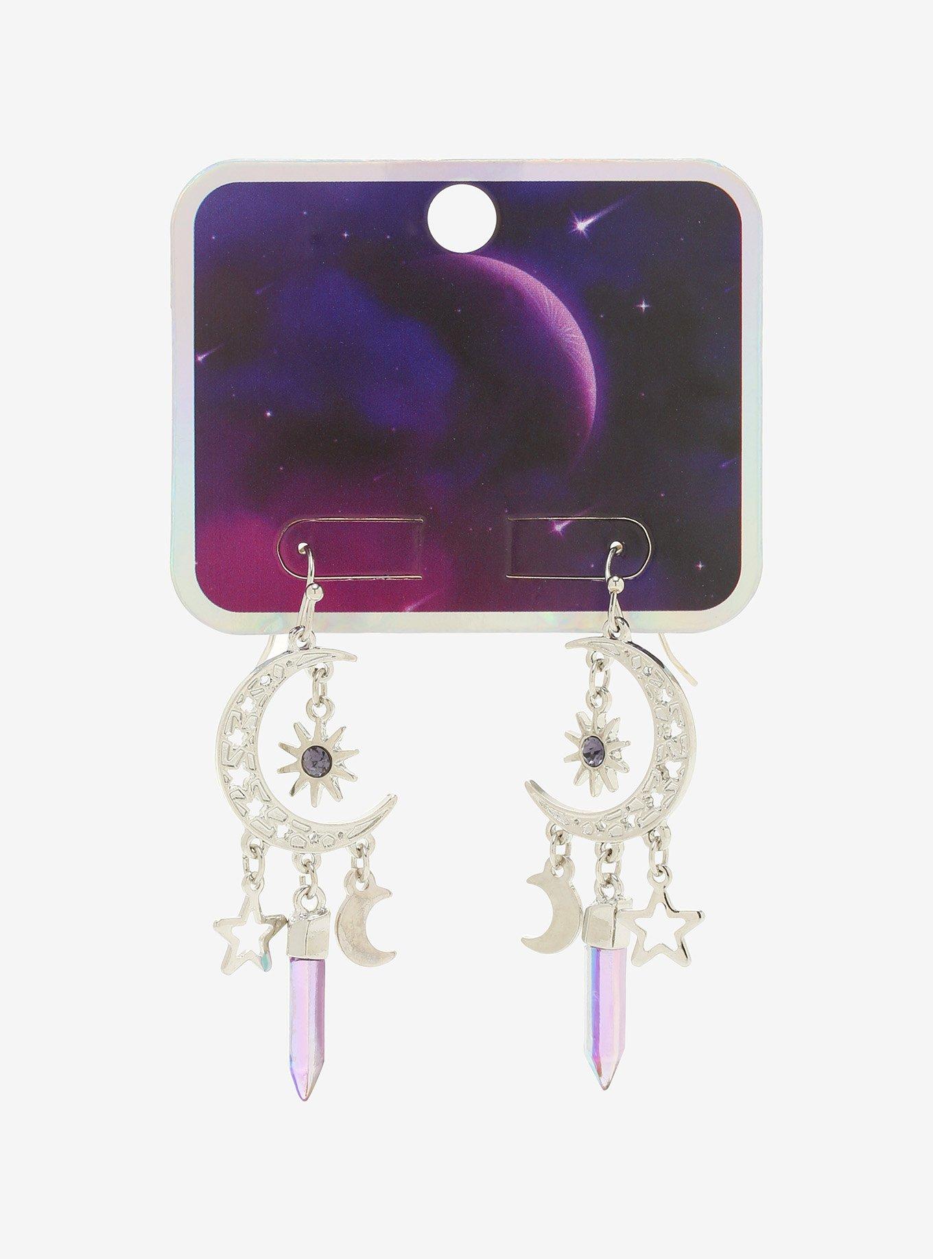Celestial Crescent Moon Crystal Drop Earrings, , alternate