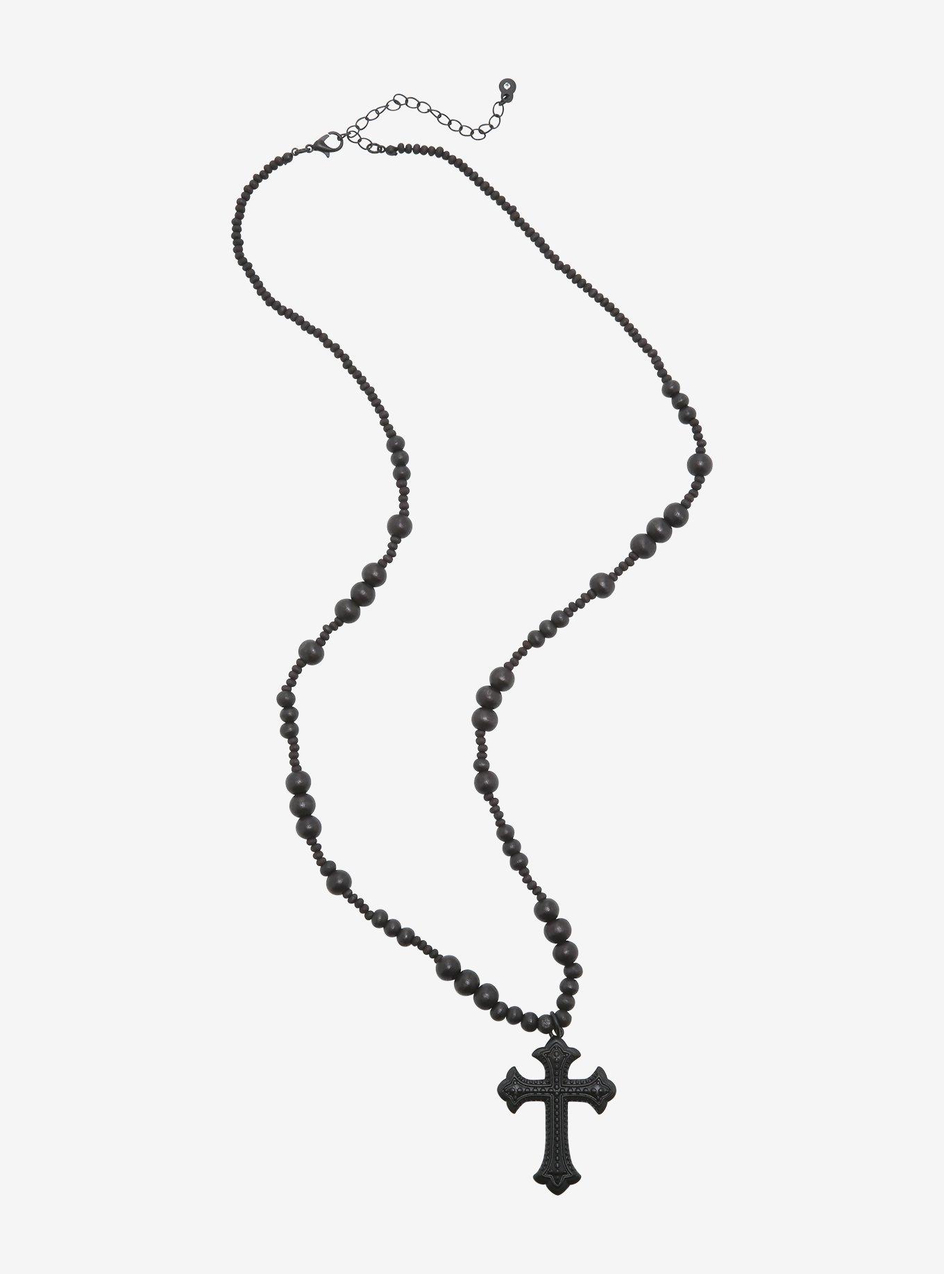Black Beaded Rosary Necklace, , alternate