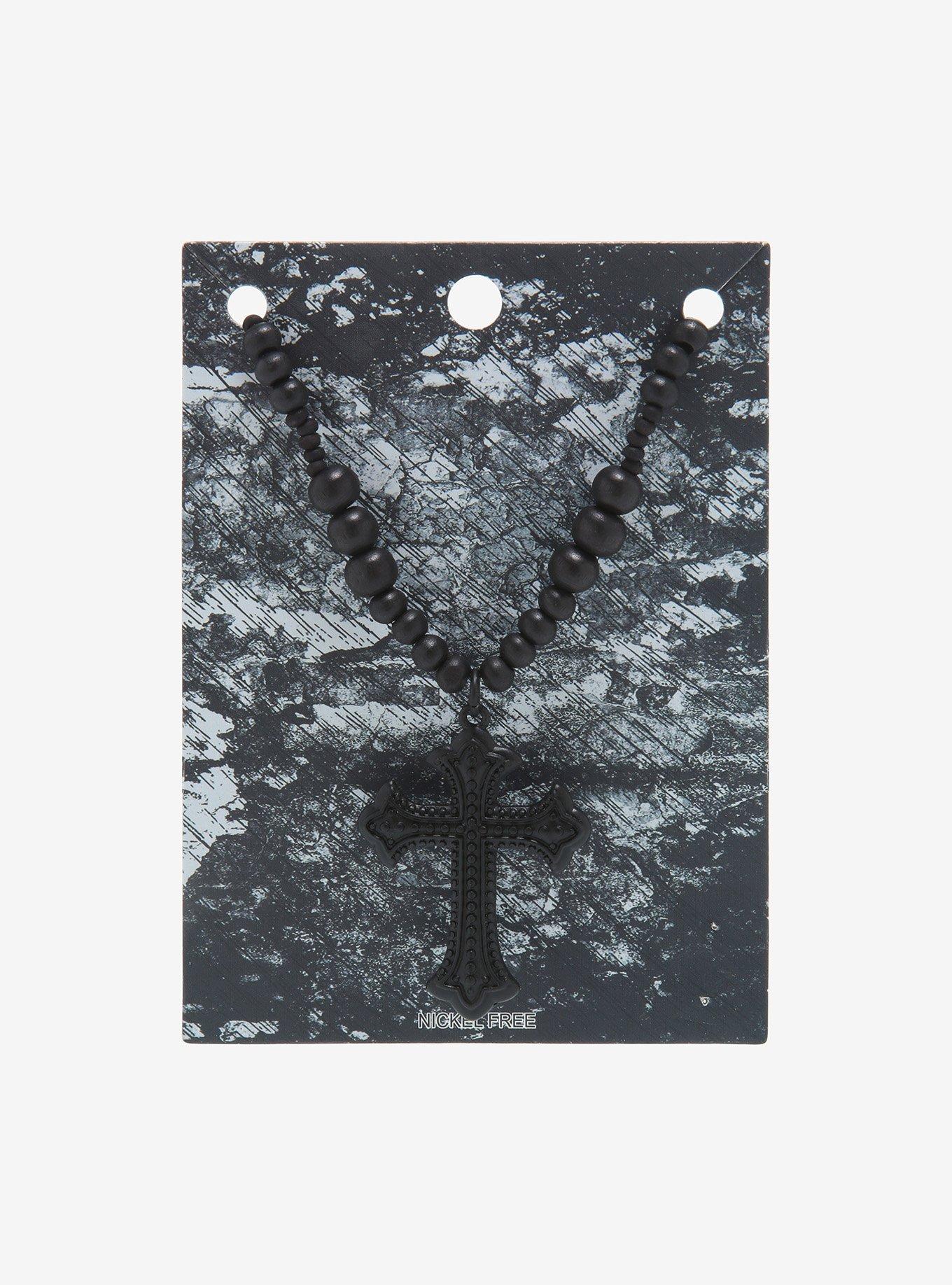 Black Beaded Rosary Necklace, , alternate
