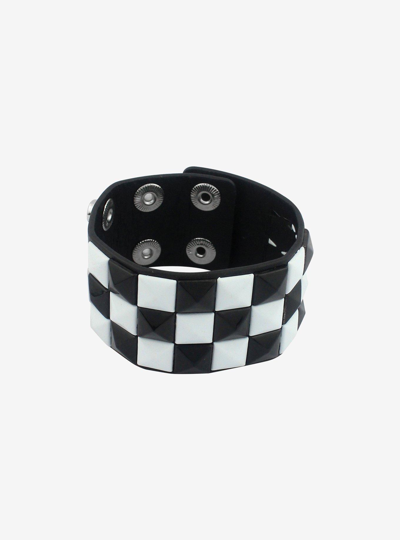Black & White Checkered Pyramid Stud Cuff Bracelet, , alternate