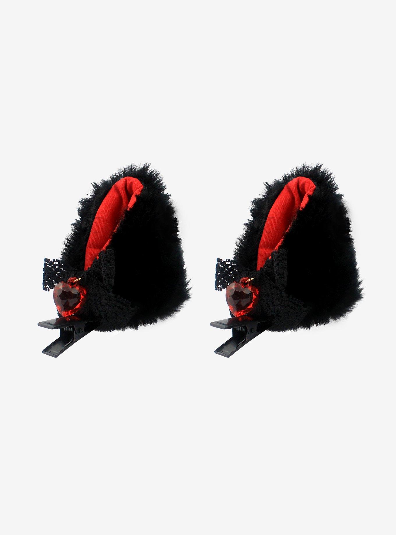 Black & Red Cat Ear Heart Hair Clips, , alternate