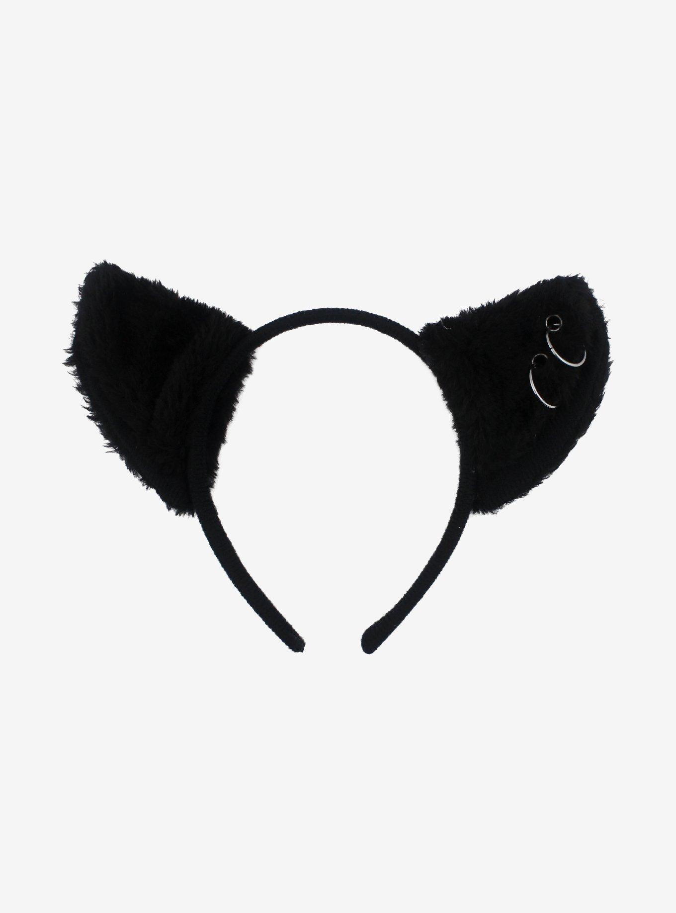 Black Double Pierced Cat Ear Headband, , alternate