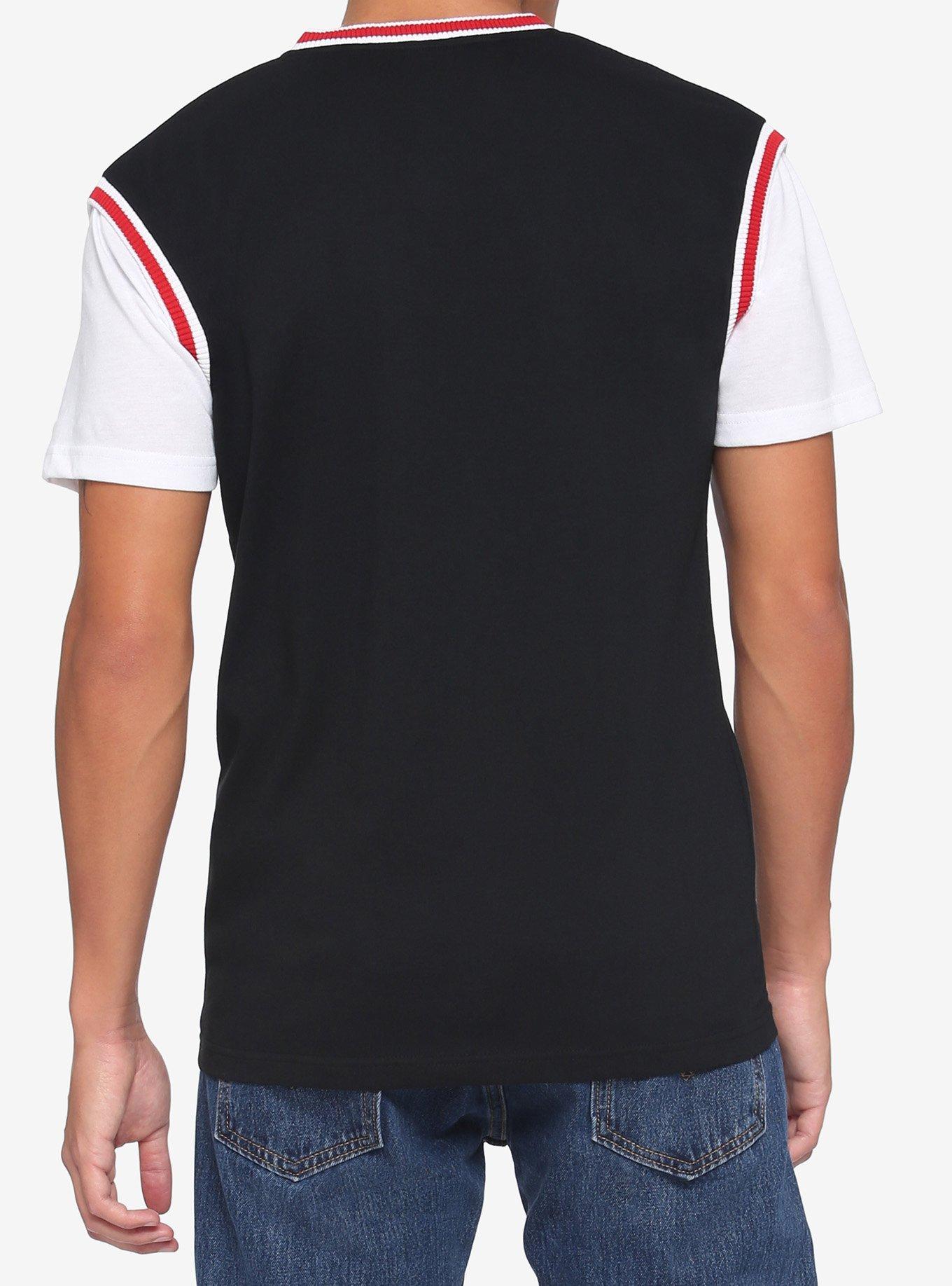 Contrasting Ribbed Twofer V-Neck T-Shirt, BLACK  RED, alternate
