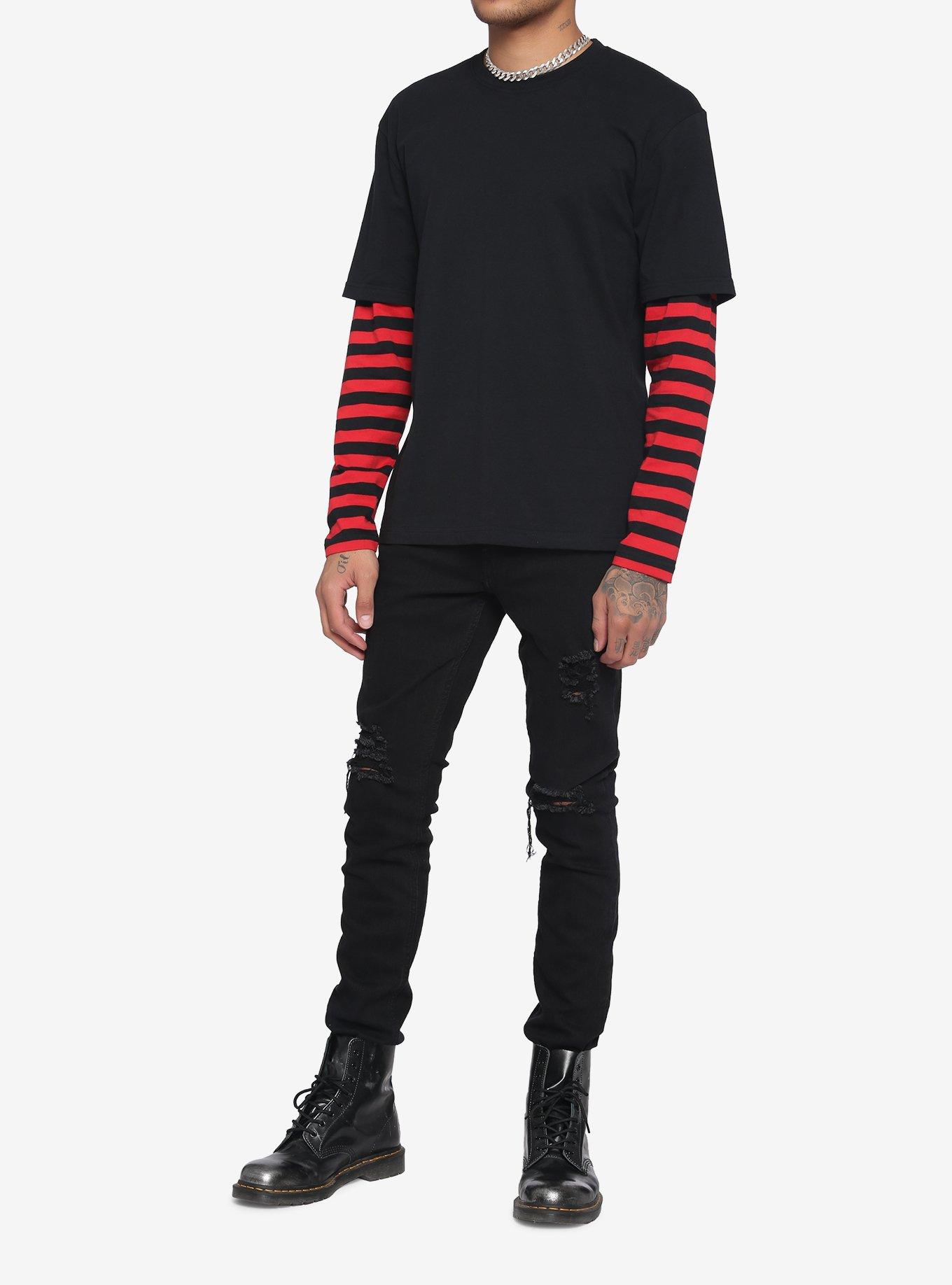 Red & Black Stripe Long-Sleeve Twofer T-Shirt, STRIPE - RED, alternate