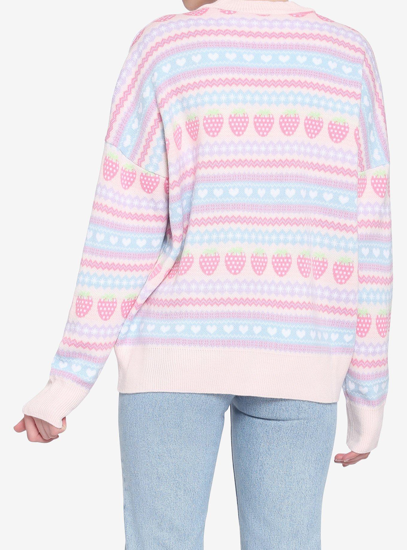 Pastel Strawberry Fair Isle Girls Oversized Cardigan, MULTI, alternate