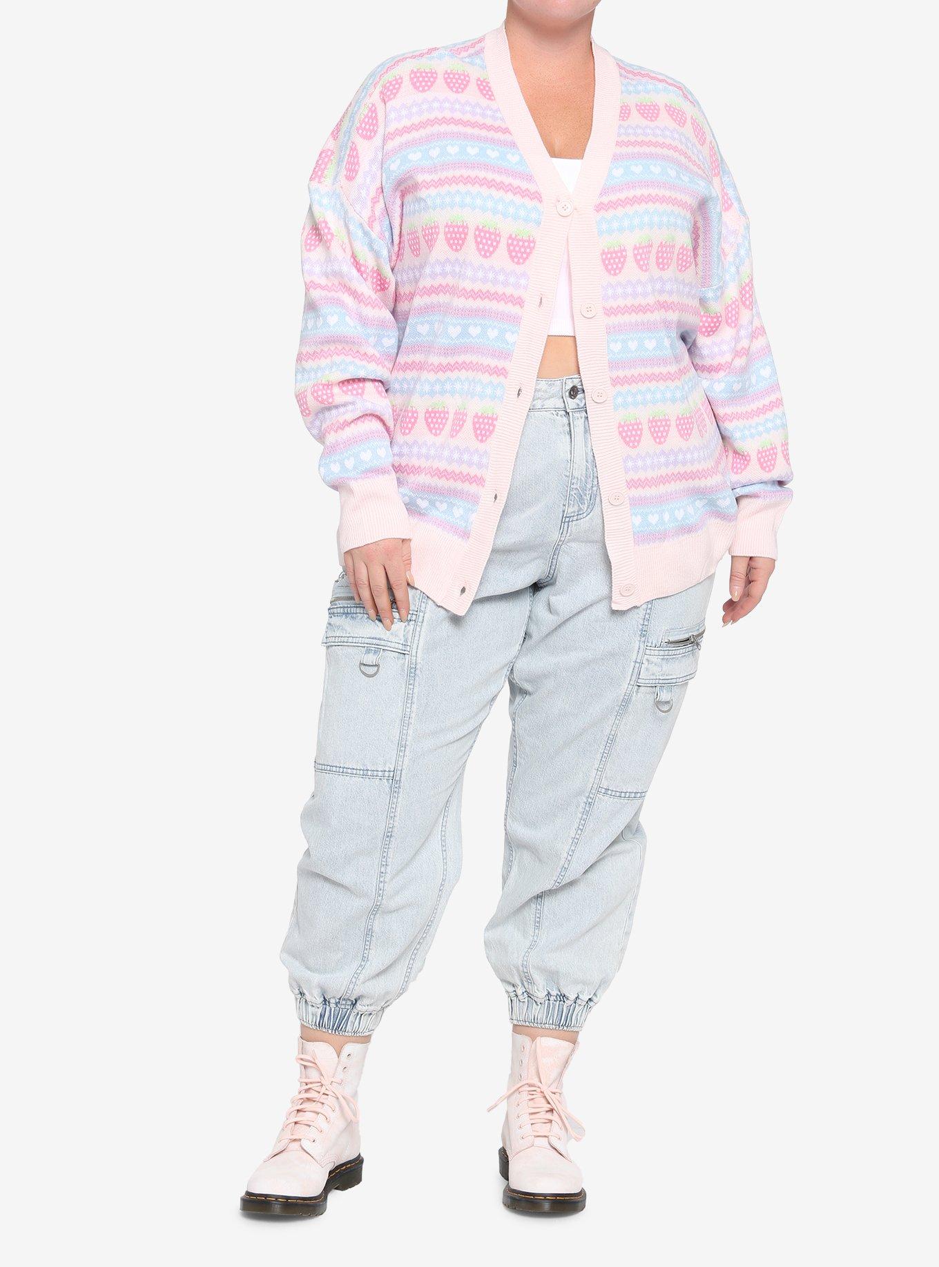 Pastel Strawberry Fair Isle Oversized Girls Cardigan Plus Size, MULTI, alternate