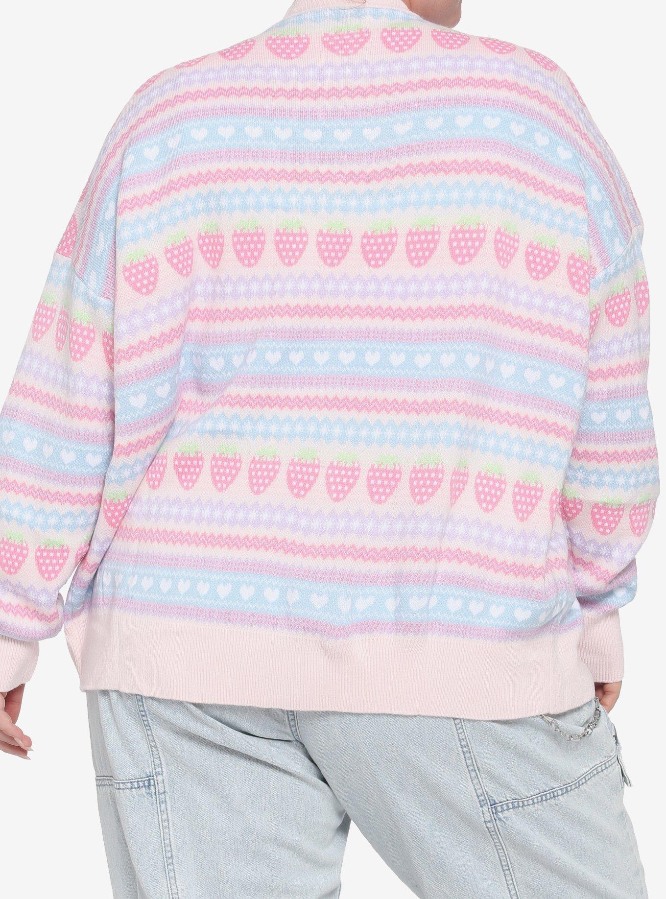 Pastel Strawberry Fair Isle Oversized Girls Cardigan Plus Size, MULTI, alternate