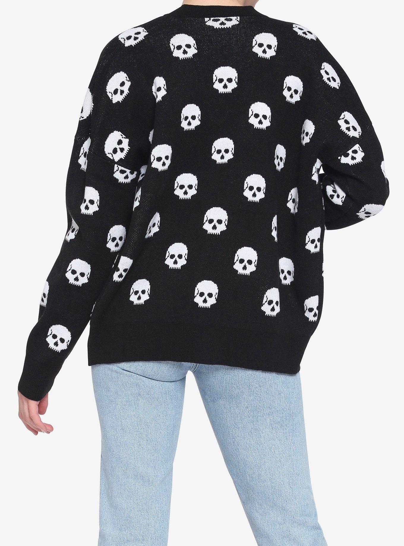 Skull Button-Front Girls Cardigan, BLACK, alternate