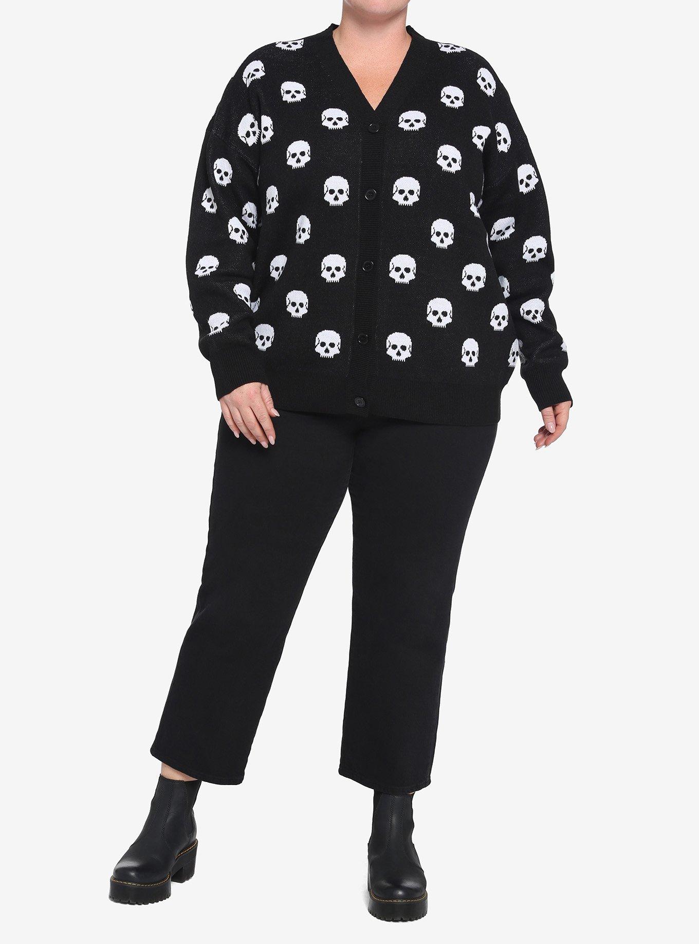 Skull Button-Front Girls Cardigan Plus Size, BLACK, alternate