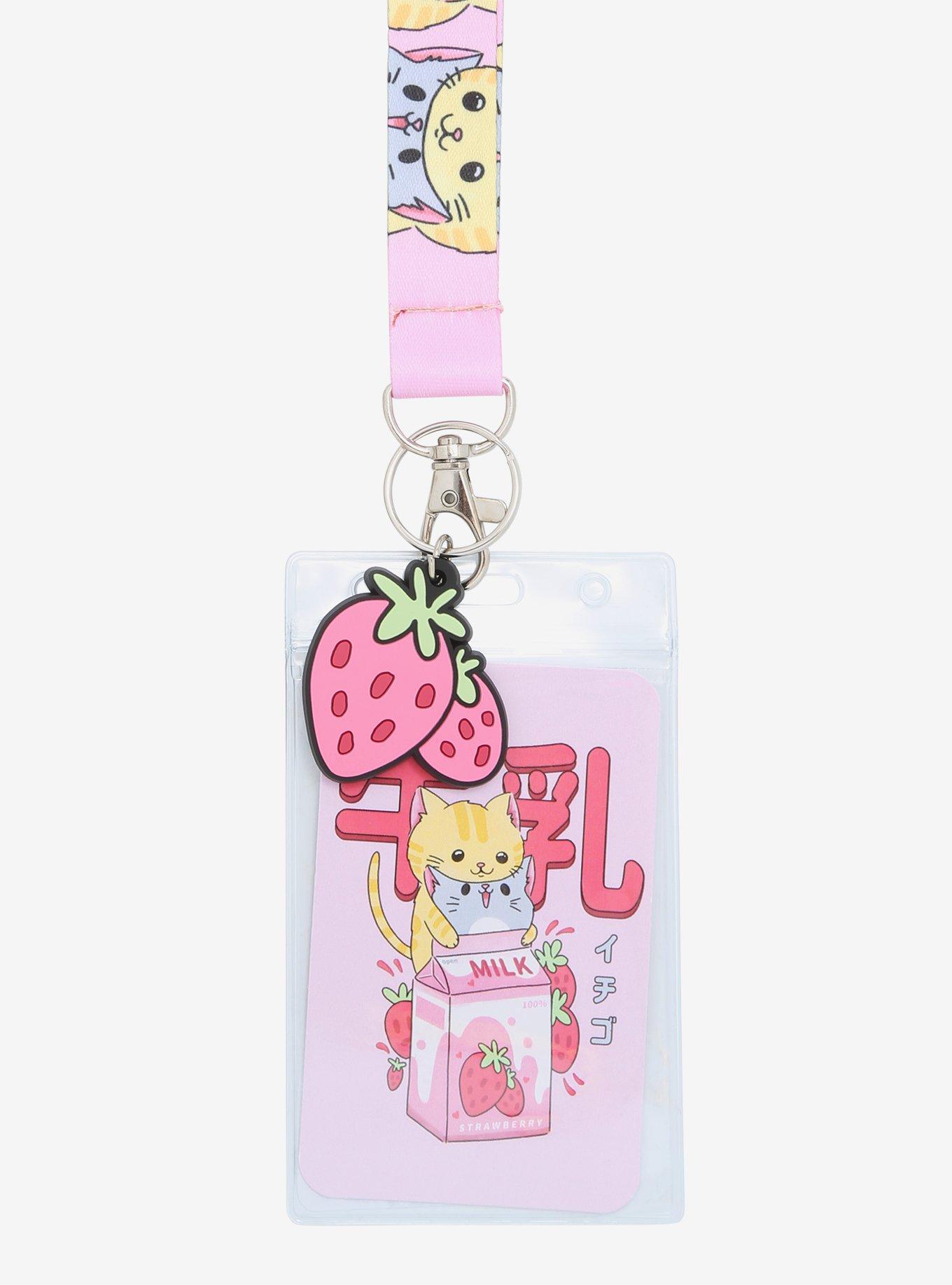 Kawaii Strawberry Milk & Cats Lanyard, , alternate