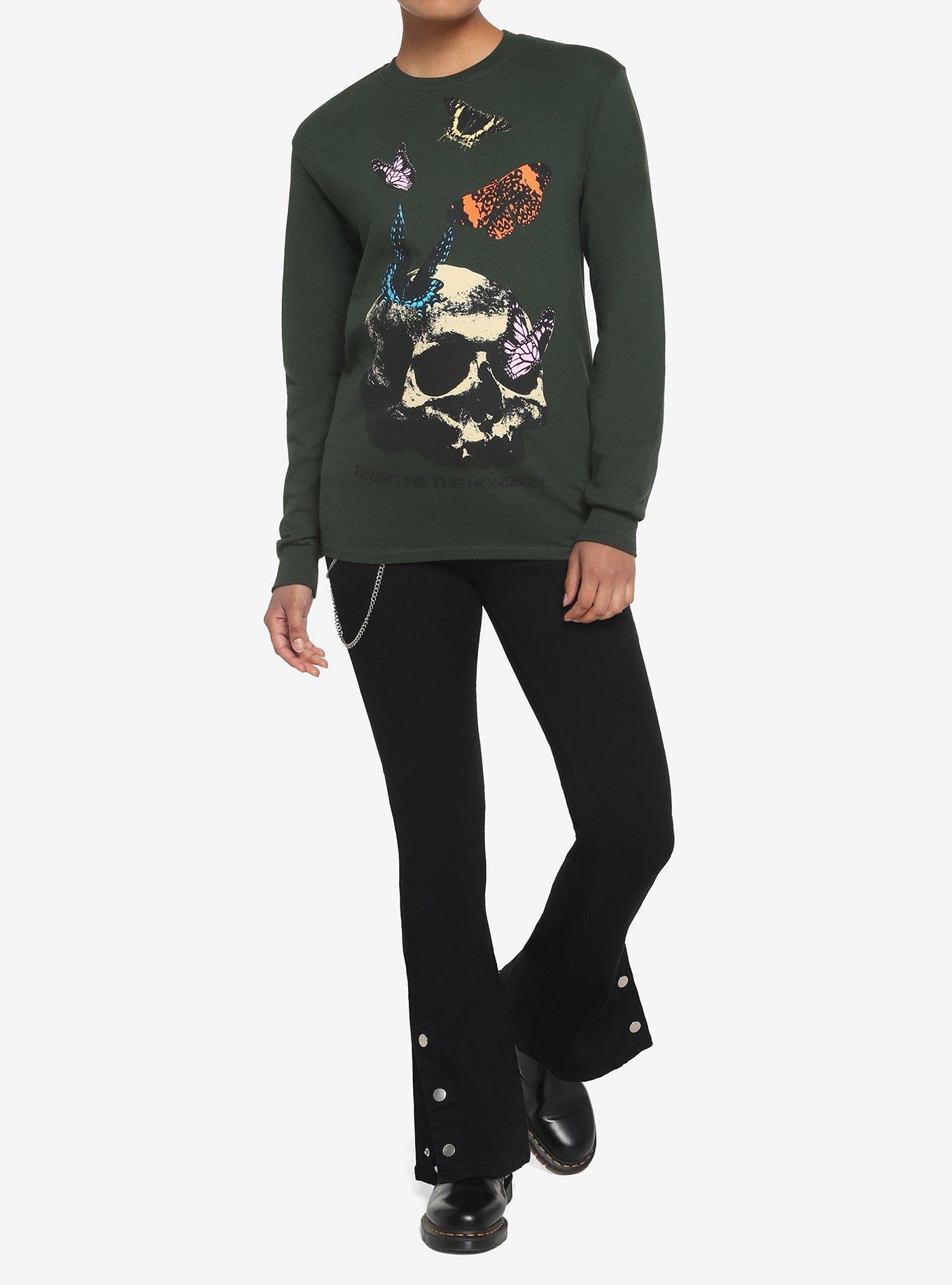 Bring Me The Horizon Butterfly Skull Girls Long-Sleeve T-Shirt, FOREST GREEN, alternate