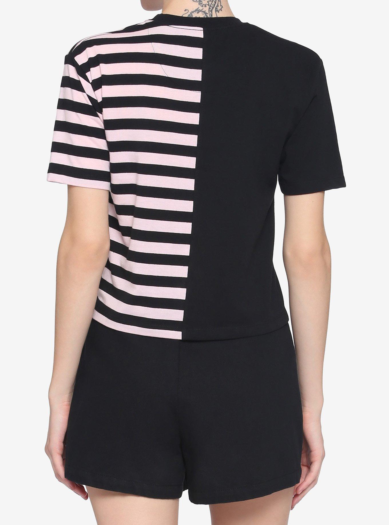 Black & Pink Stripe Split Girls Crop T-Shirt, STRIPE - MULTI, alternate