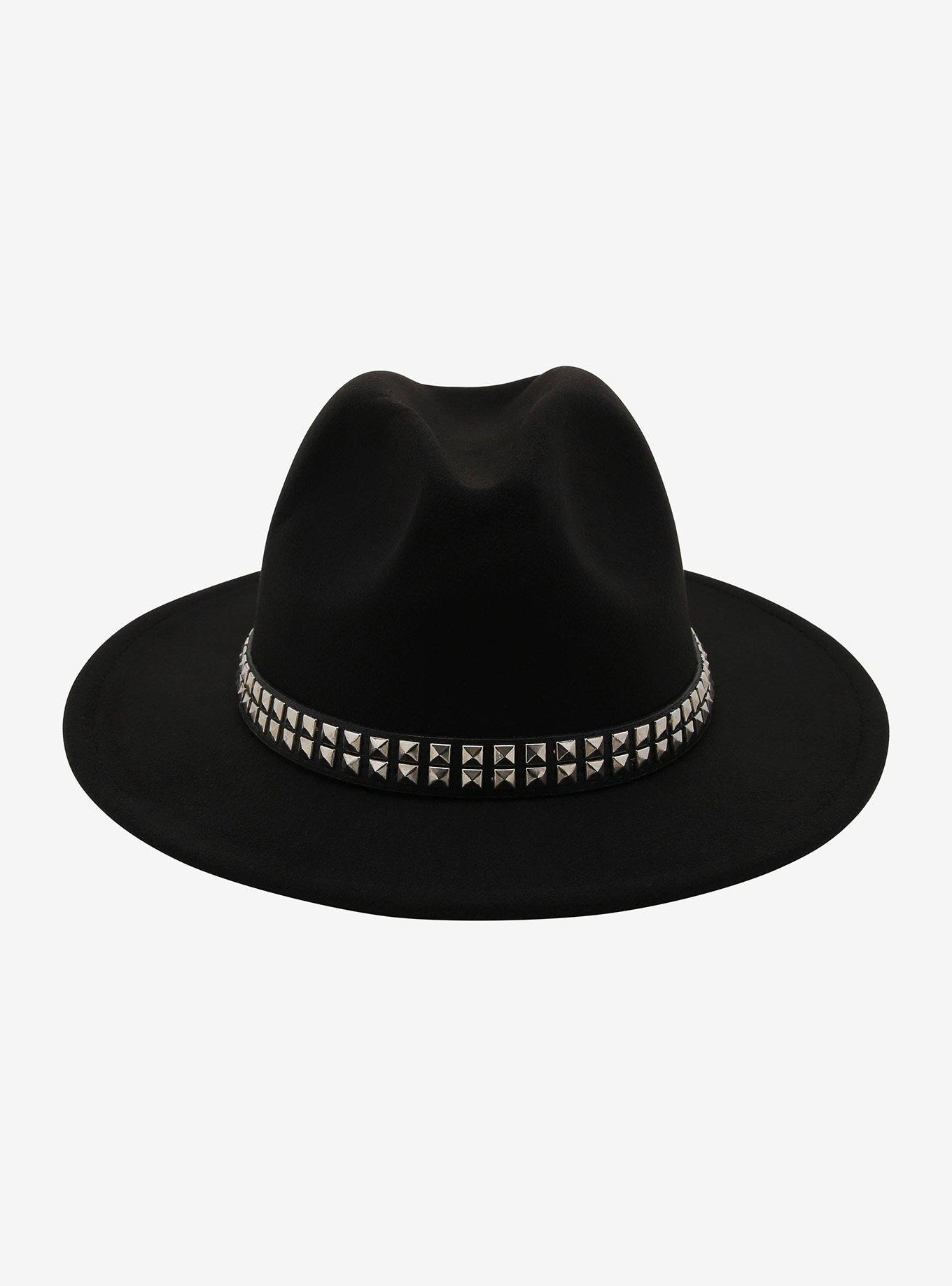 Black Wide Brim Studded Fedora, , alternate