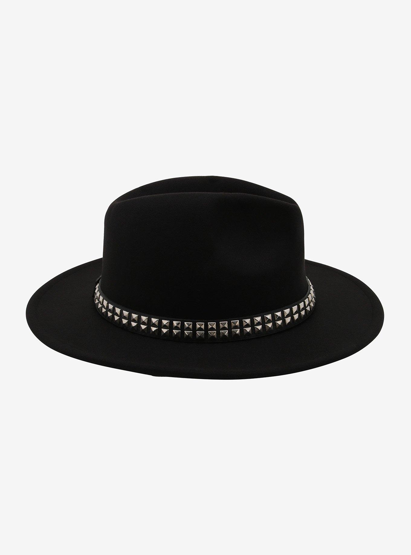 Black Wide Brim Studded Fedora, , alternate