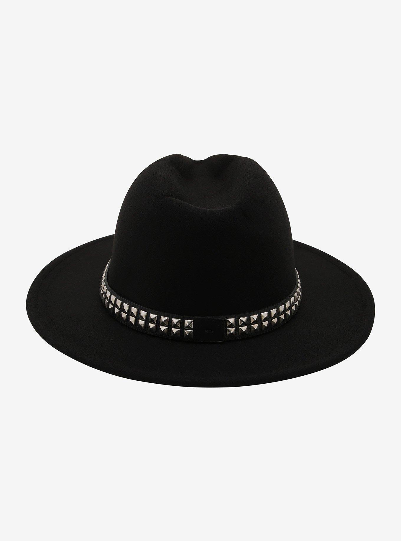 Black Wide Brim Studded Fedora, , alternate