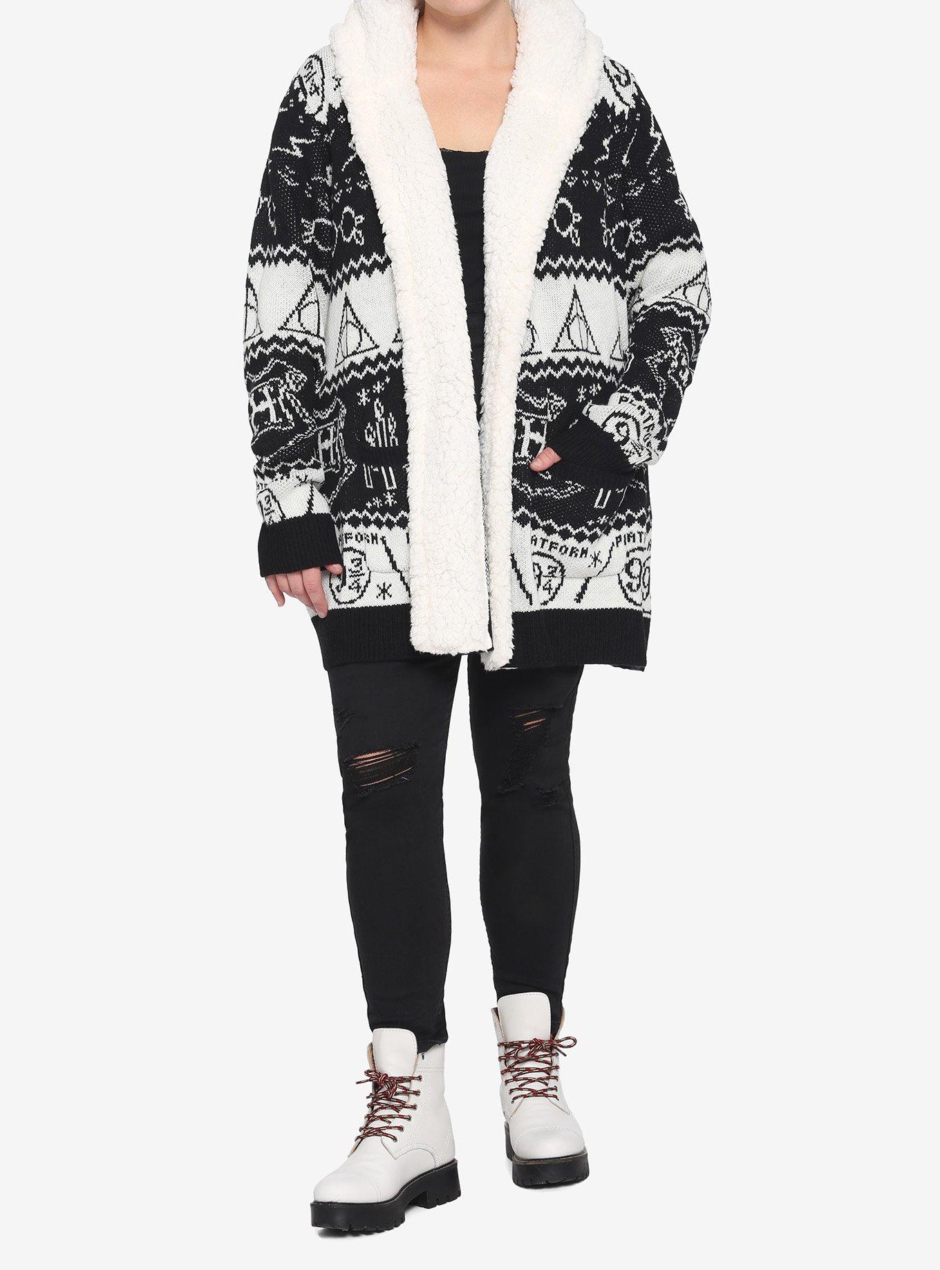 Harry Potter Deathly Hallows Sherpa Open Cardigan Plus Size, MULTI, alternate