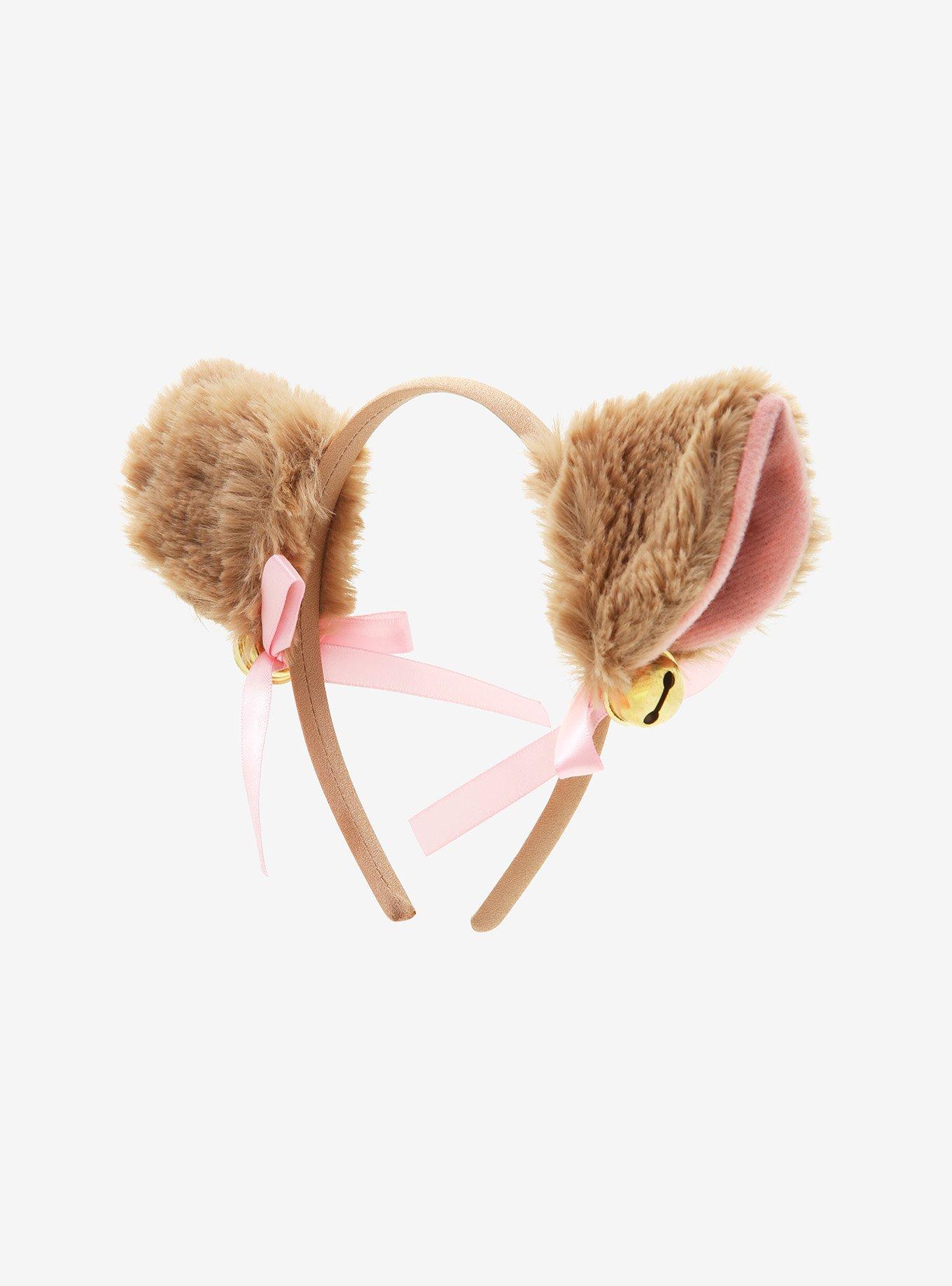 Pastel Brown & Pink Ribbon Bell Fuzzy Cat Ear Headband, , alternate