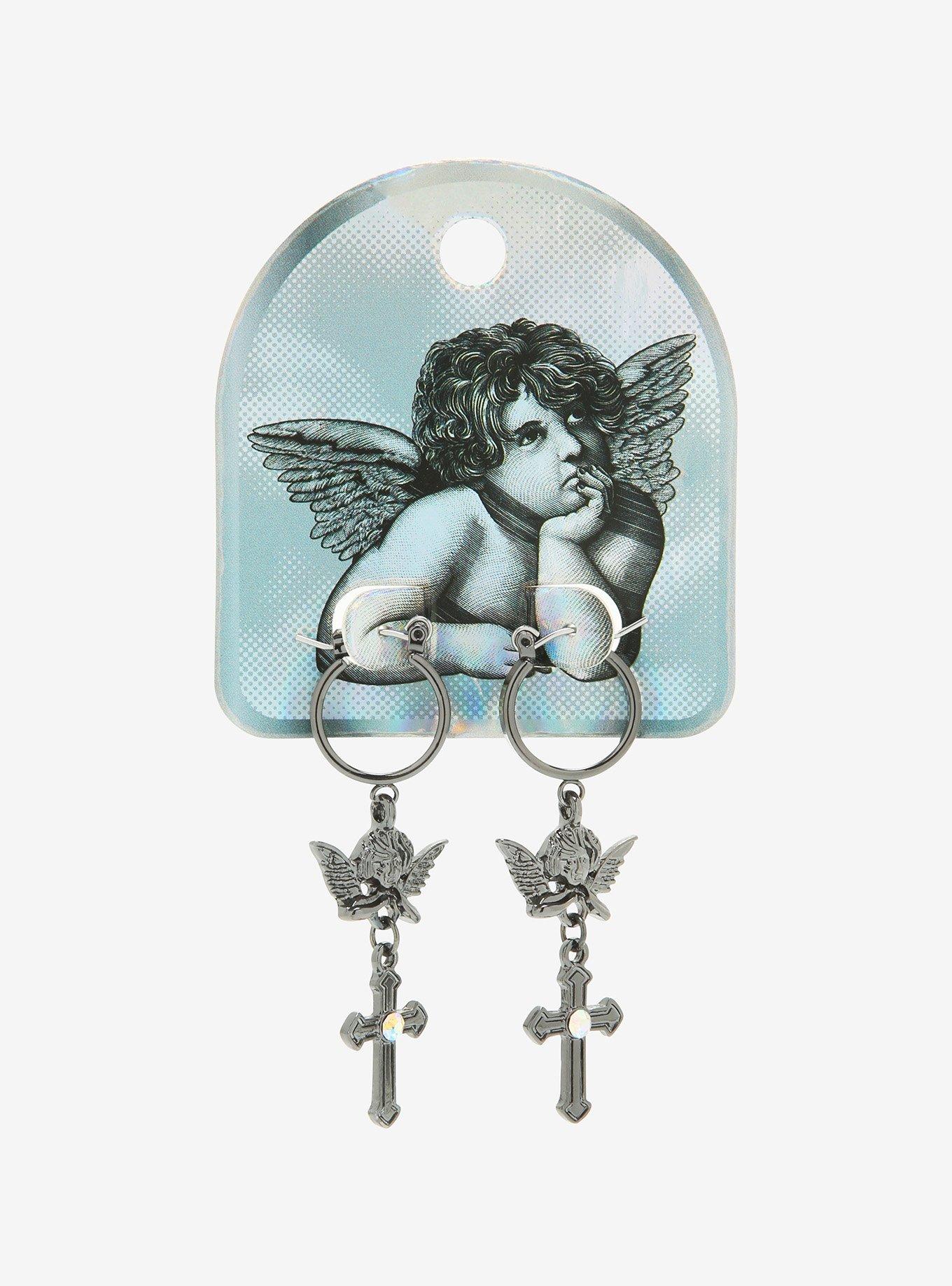 Angel Cross Gothic Hoop Earrings, , alternate
