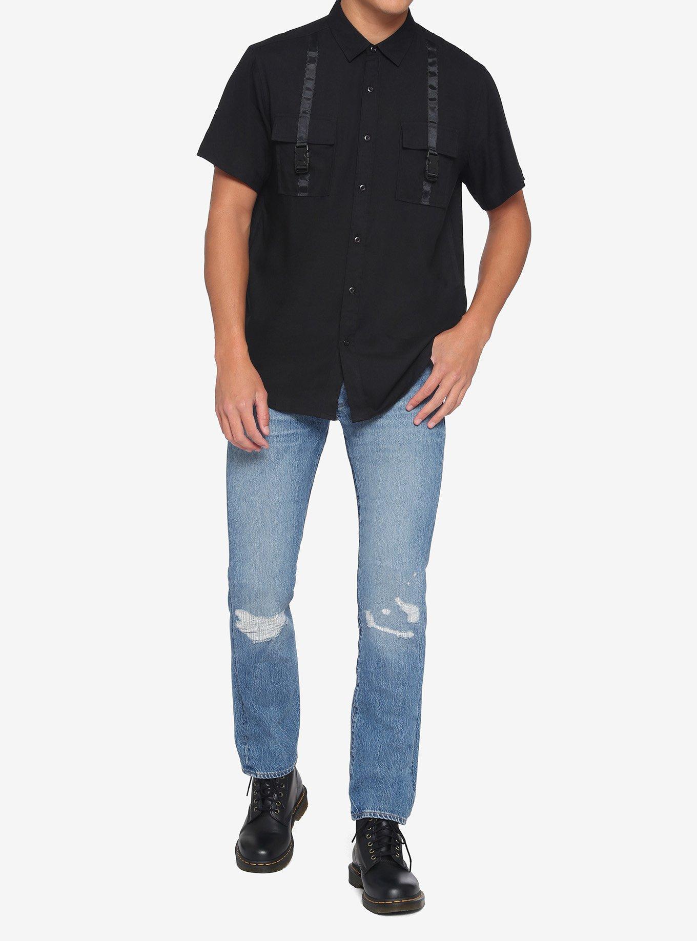 Buckle Strap Black Woven Button-Up, BLACK, alternate