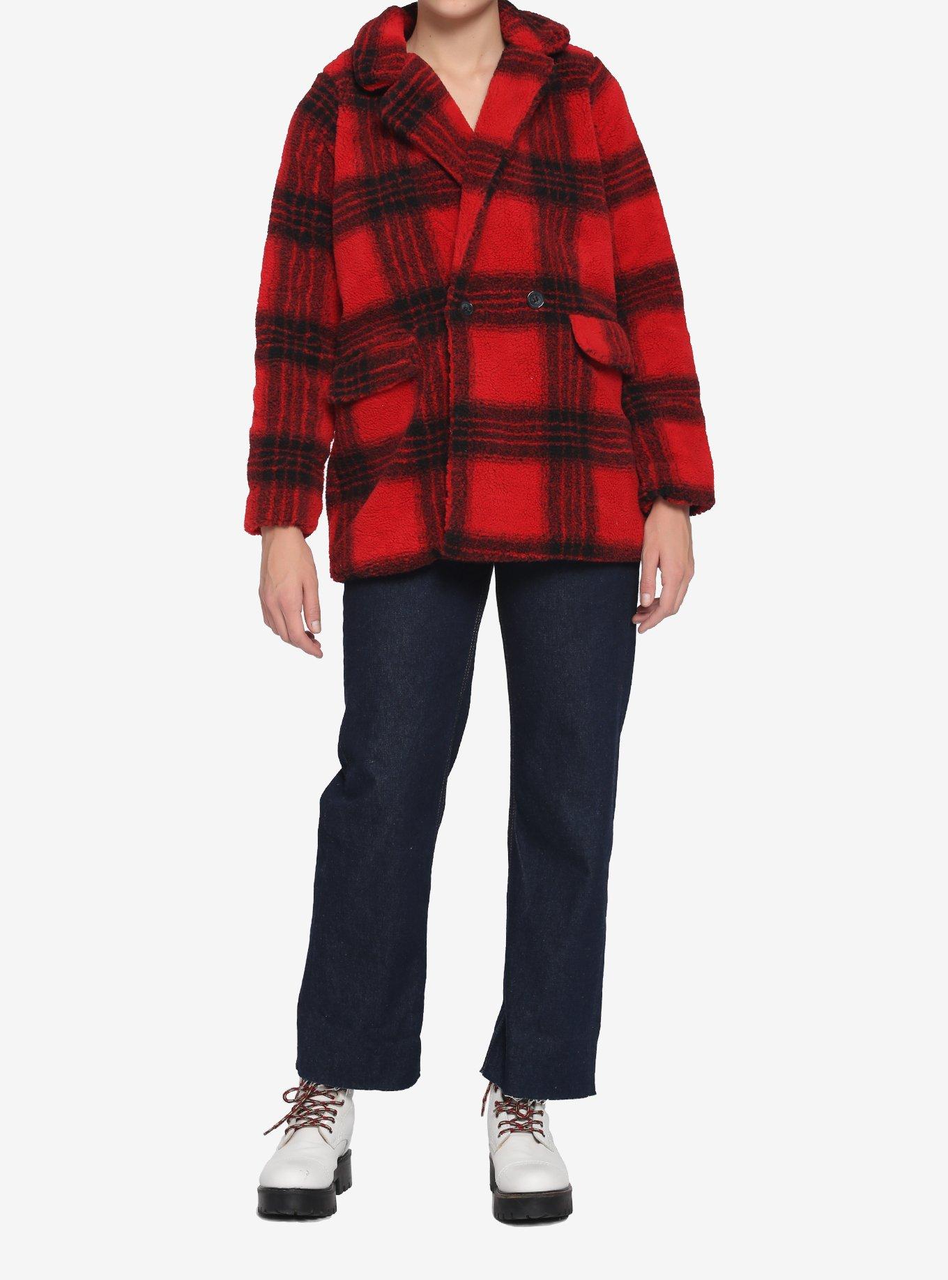 Red & Black Plaid Teddy Coat, BLACK, alternate