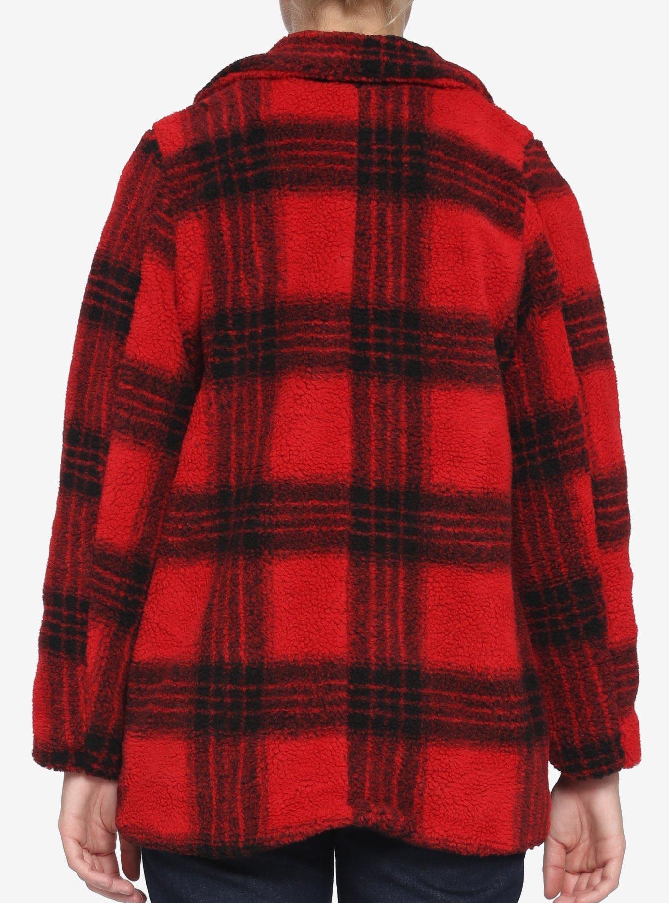 Red & Black Plaid Teddy Coat, BLACK, alternate