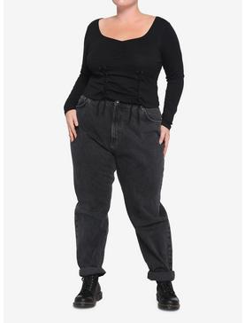 Black Lace Front Girls Long-Sleeve Crop Shirt Plus Size, , hi-res
