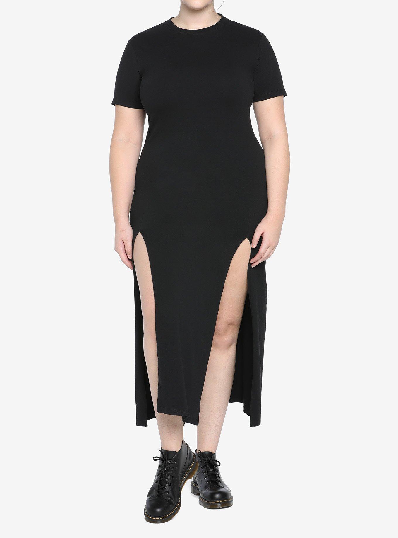 Black Midi Slit T-Shirt Dress Plus Size, BLACK, alternate