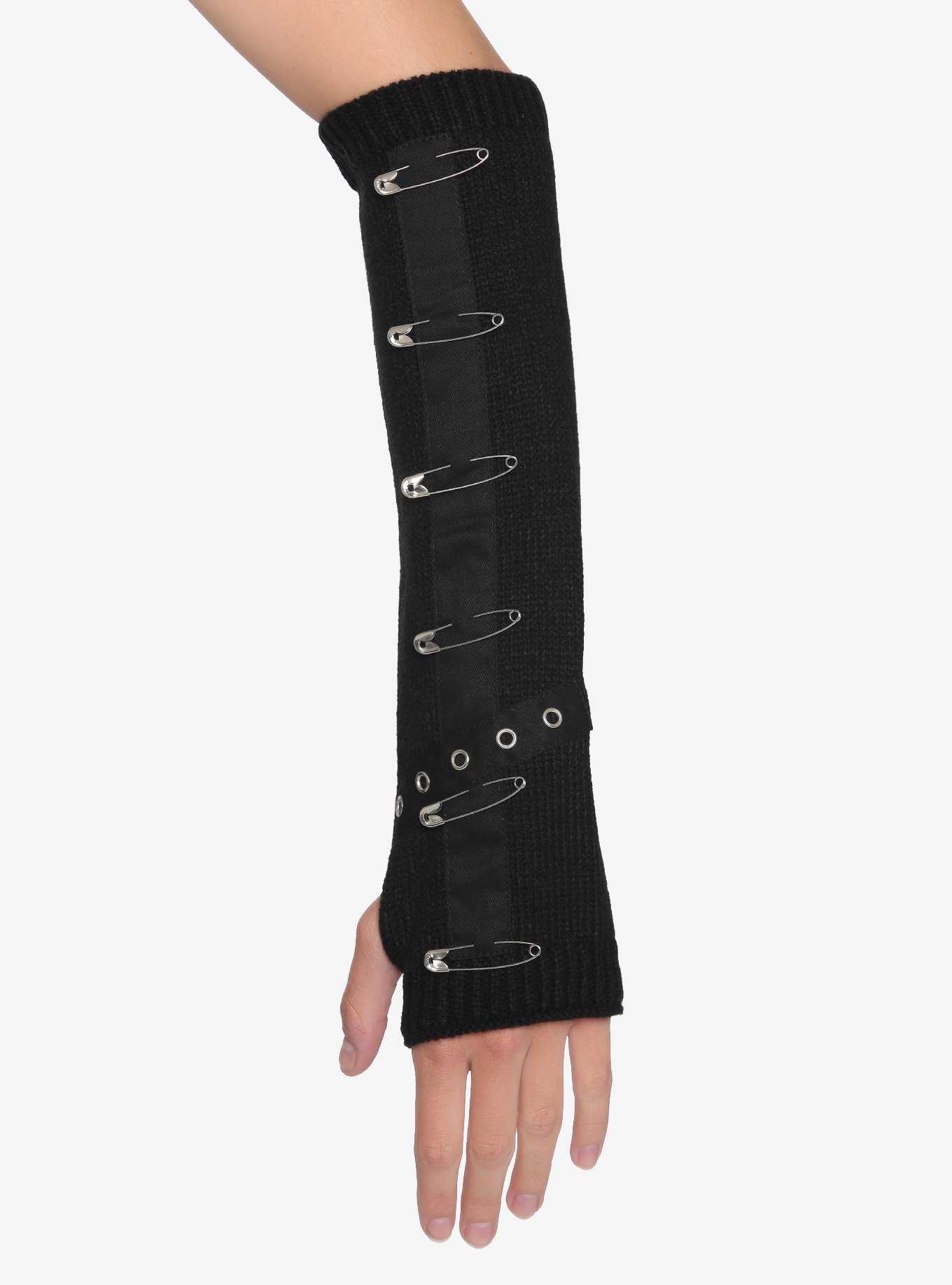 Black Grommet & Safety Pin Arm Warmers, , hi-res