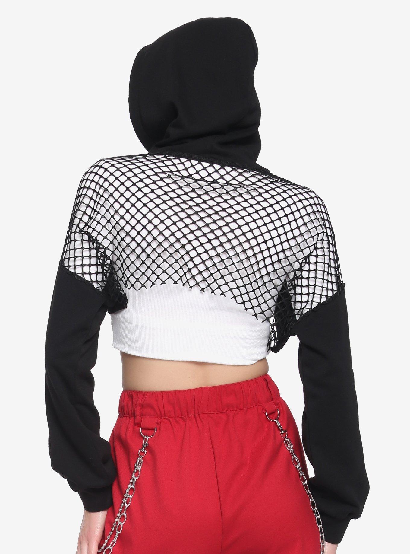 Black Fishnet Girls Extreme Crop Hoodie, BLACK, alternate