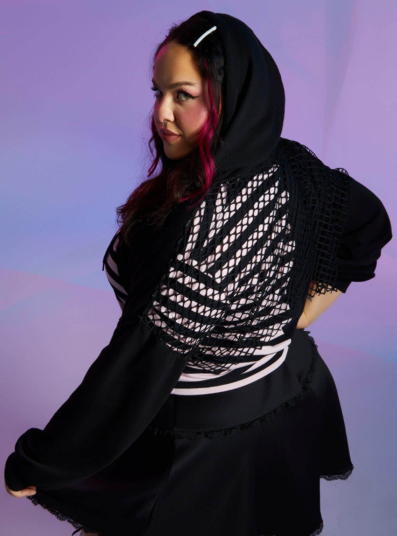 Black Fishnet Extreme Girls Crop Hoodie Plus Size, BLACK, alternate