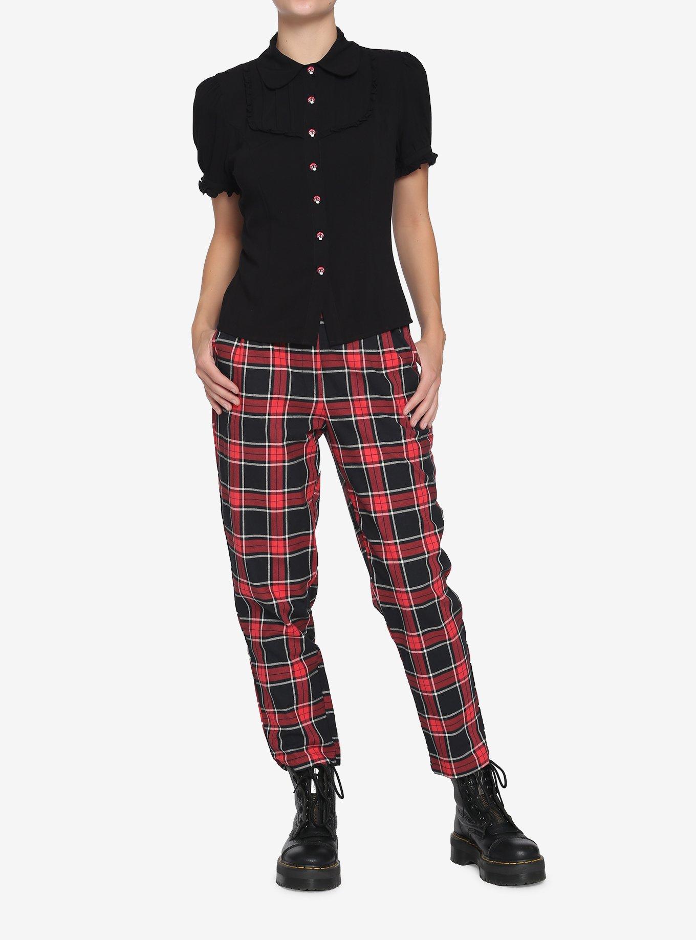 Black Bibbed Mushroom Buttons Girls Woven Button-Up, BLACK, alternate