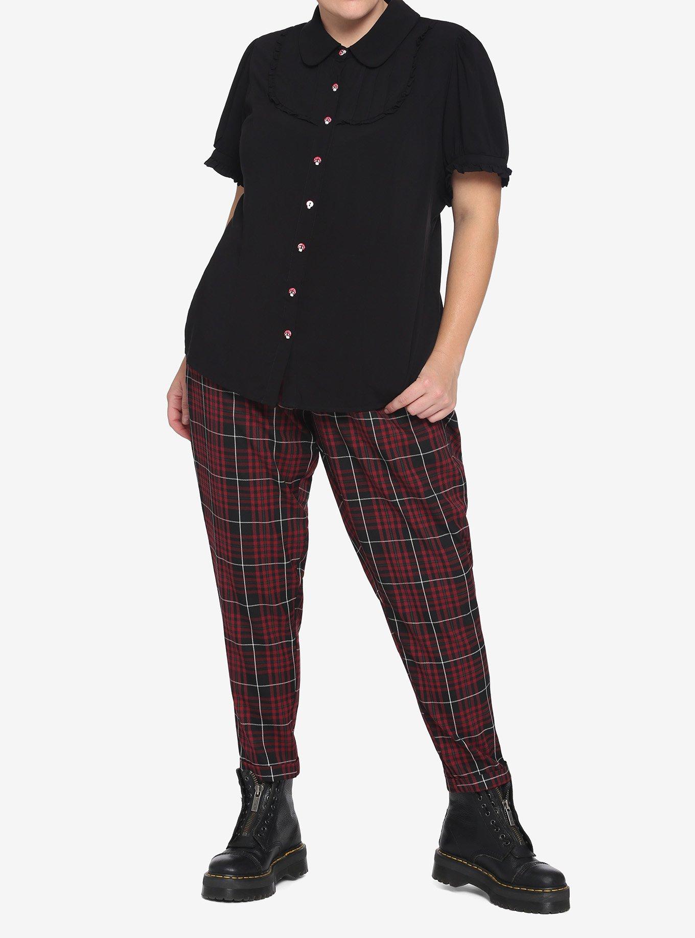 Black Bibbed Mushroom Buttons Girls Woven Button-Up Plus Size, BLACK, alternate