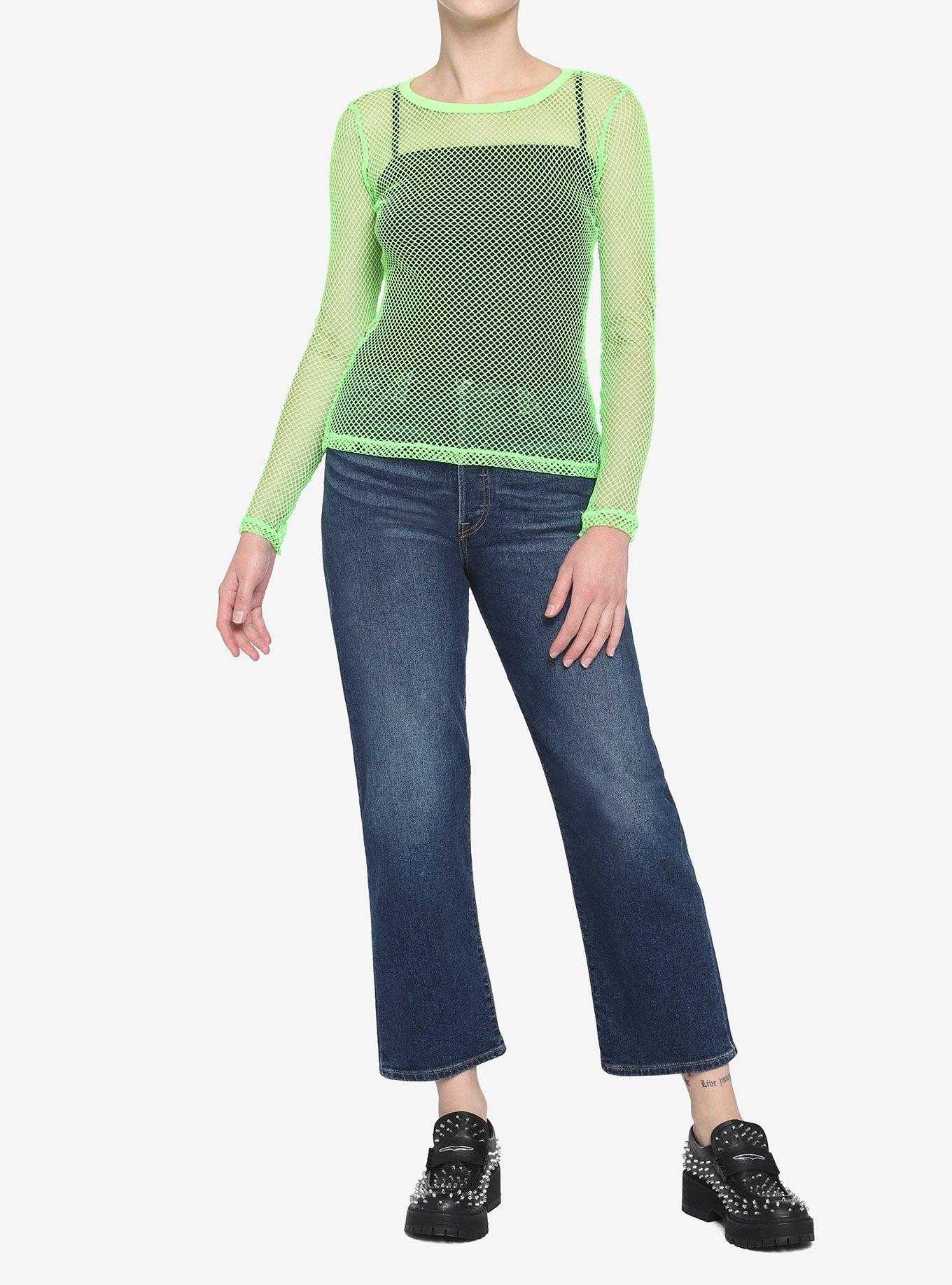 Neon Green Fishnet Girls Long-Sleeve Top, GREEN, alternate