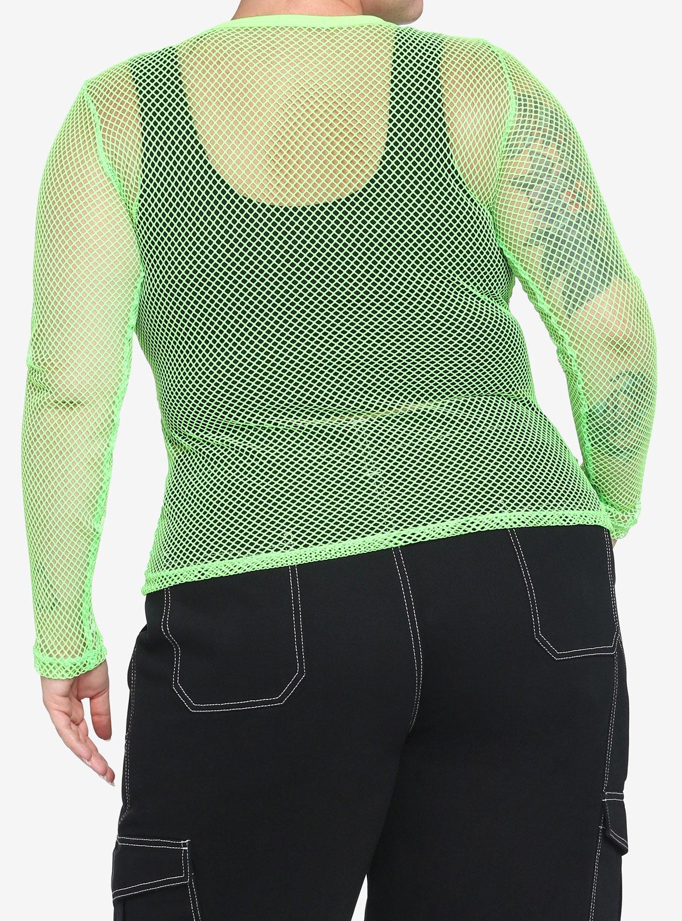 Neon Green Fishnet Long-Sleeve Girls Top Plus Size, GREEN, alternate