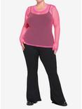 Neon Pink Stretchy Fishnet Girls Long-Sleeve Top Plus Size, PINK, alternate