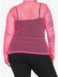 Neon Pink Stretchy Fishnet Girls Long-Sleeve Top Plus Size, PINK, alternate
