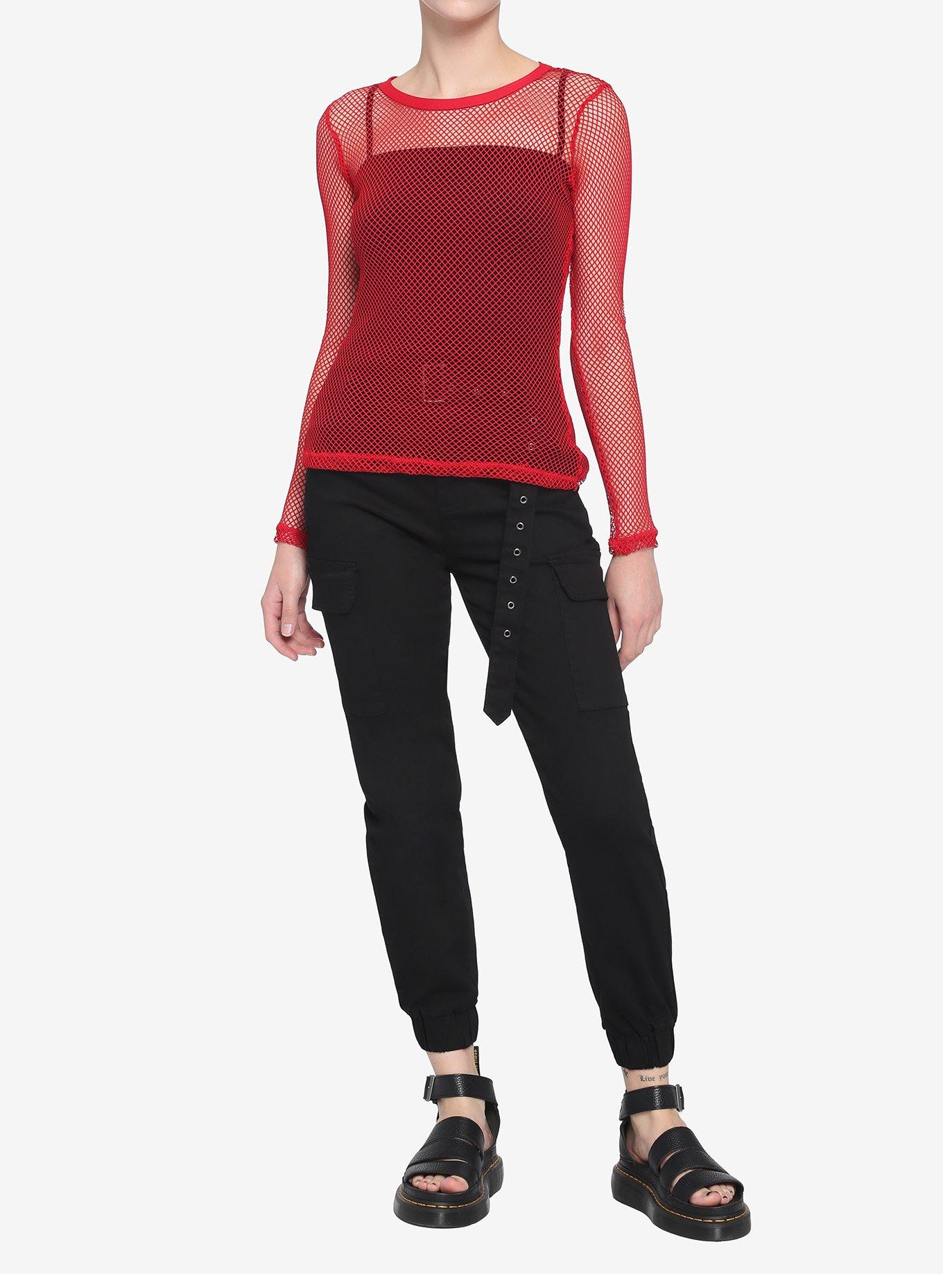 Red Fishnet Girls Long-Sleeve Top, RED, alternate