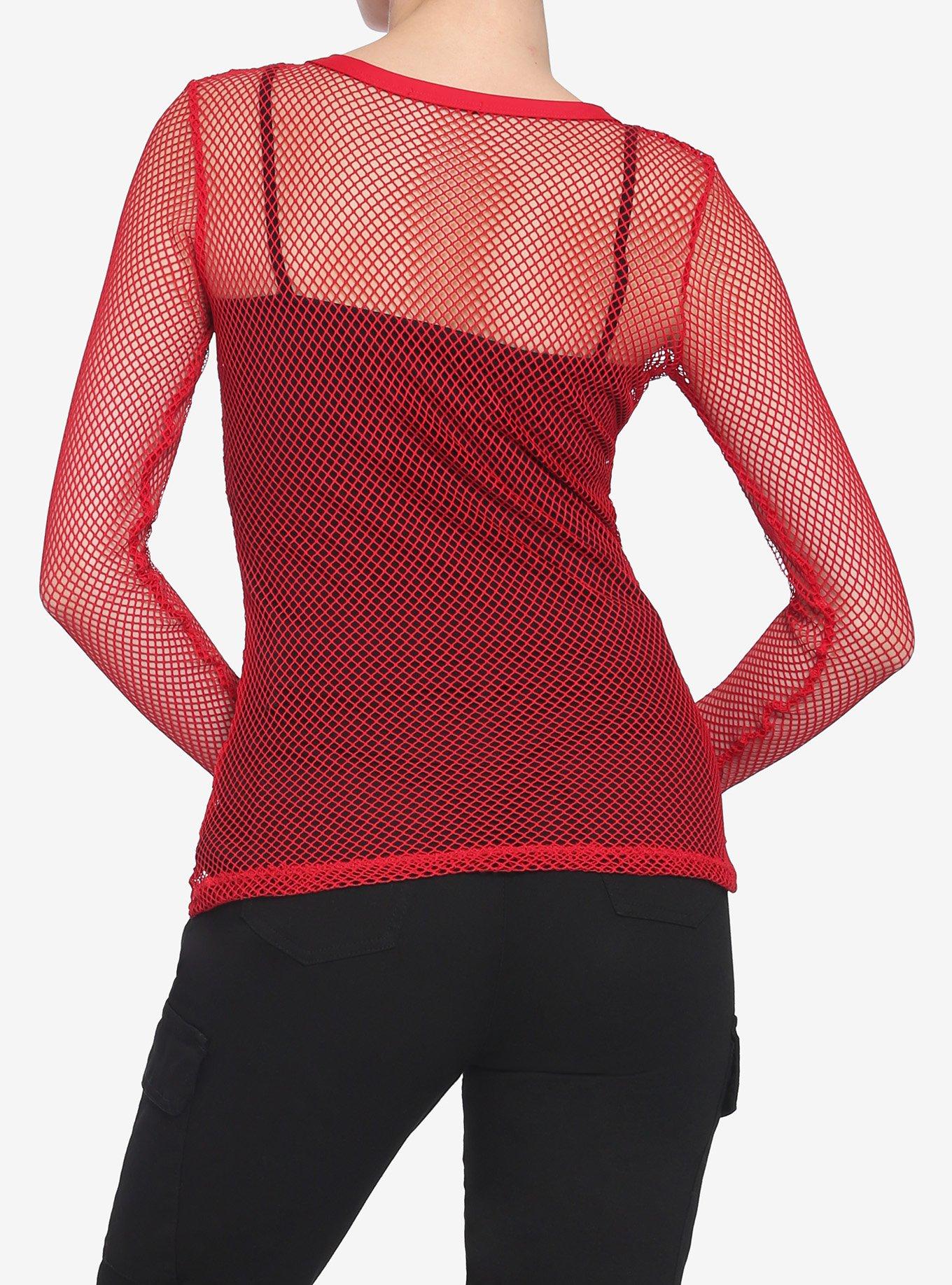 Red Fishnet Girls Long-Sleeve Top, RED, alternate