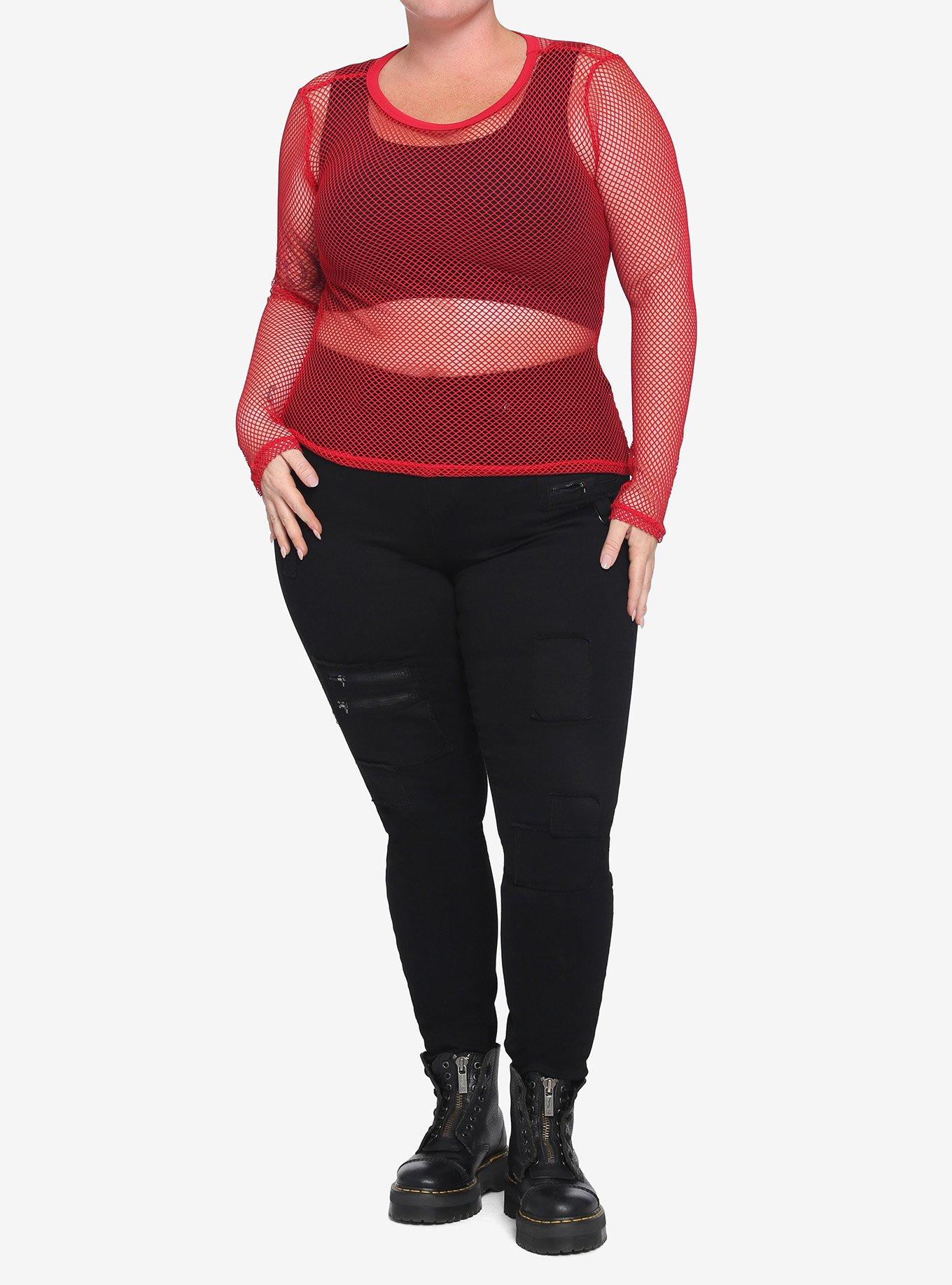 Red Fishnet Girls Long-Sleeve Top Plus Size, RED, alternate