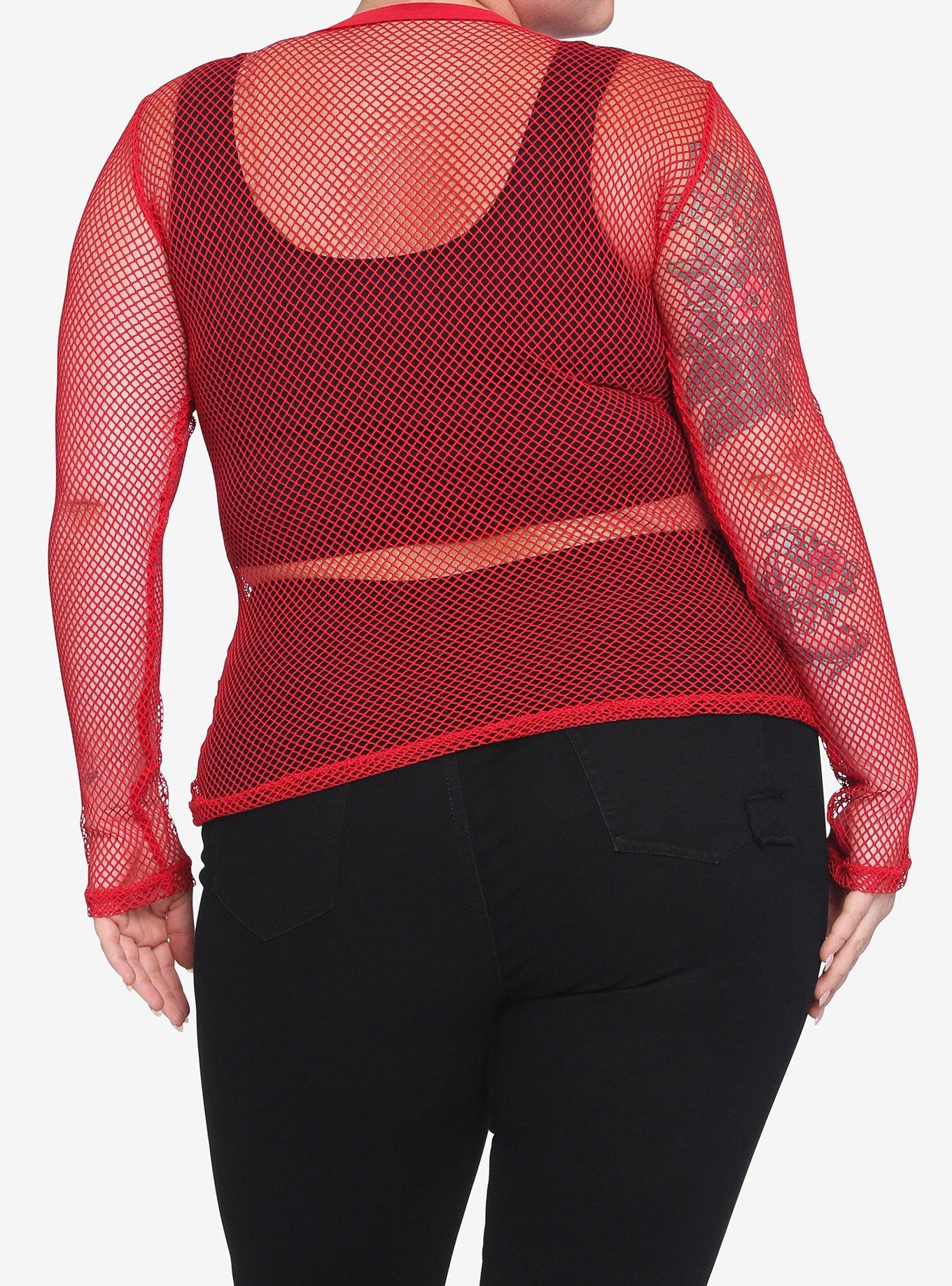 Red Fishnet Girls Long-Sleeve Top Plus Size, RED, alternate