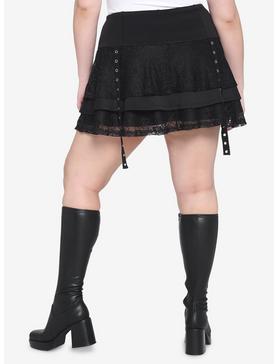 Black Lace Layered Buckle Mini Skirt Plus Size, , hi-res