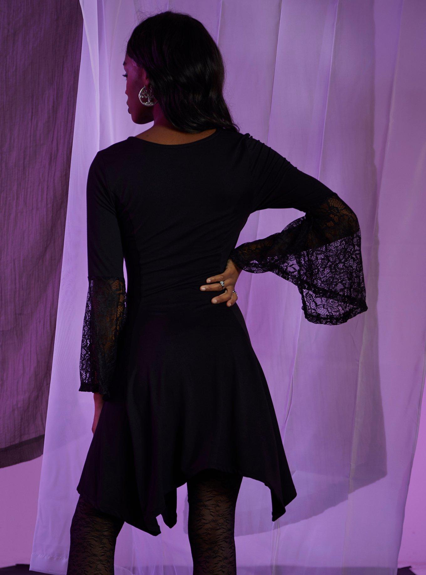 Black Empire Waist Lace Sleeve Dress, BLACK, alternate